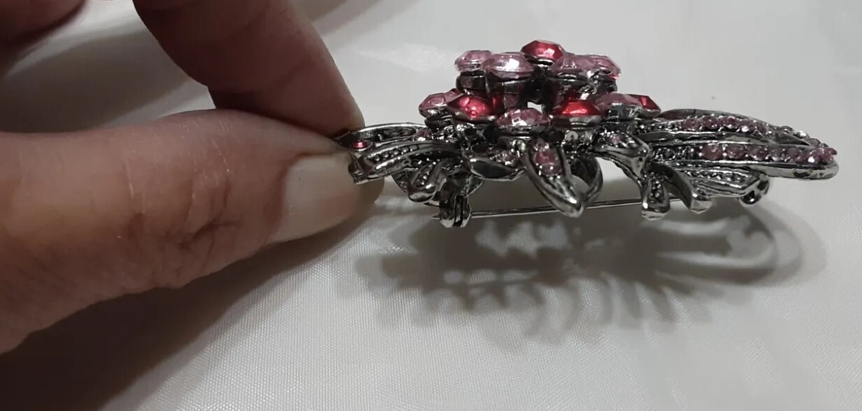 Brooch Pendent Silver Tone Gunmetal Pink Lite Dark Rhinestone Big Flower Bouquet