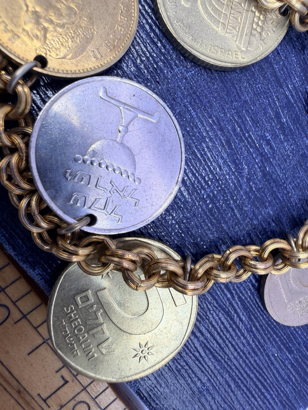 Vintage Coin Necklace Israel Bahamas Mixed Coins Charms 18” Gold Tone Chain HJ