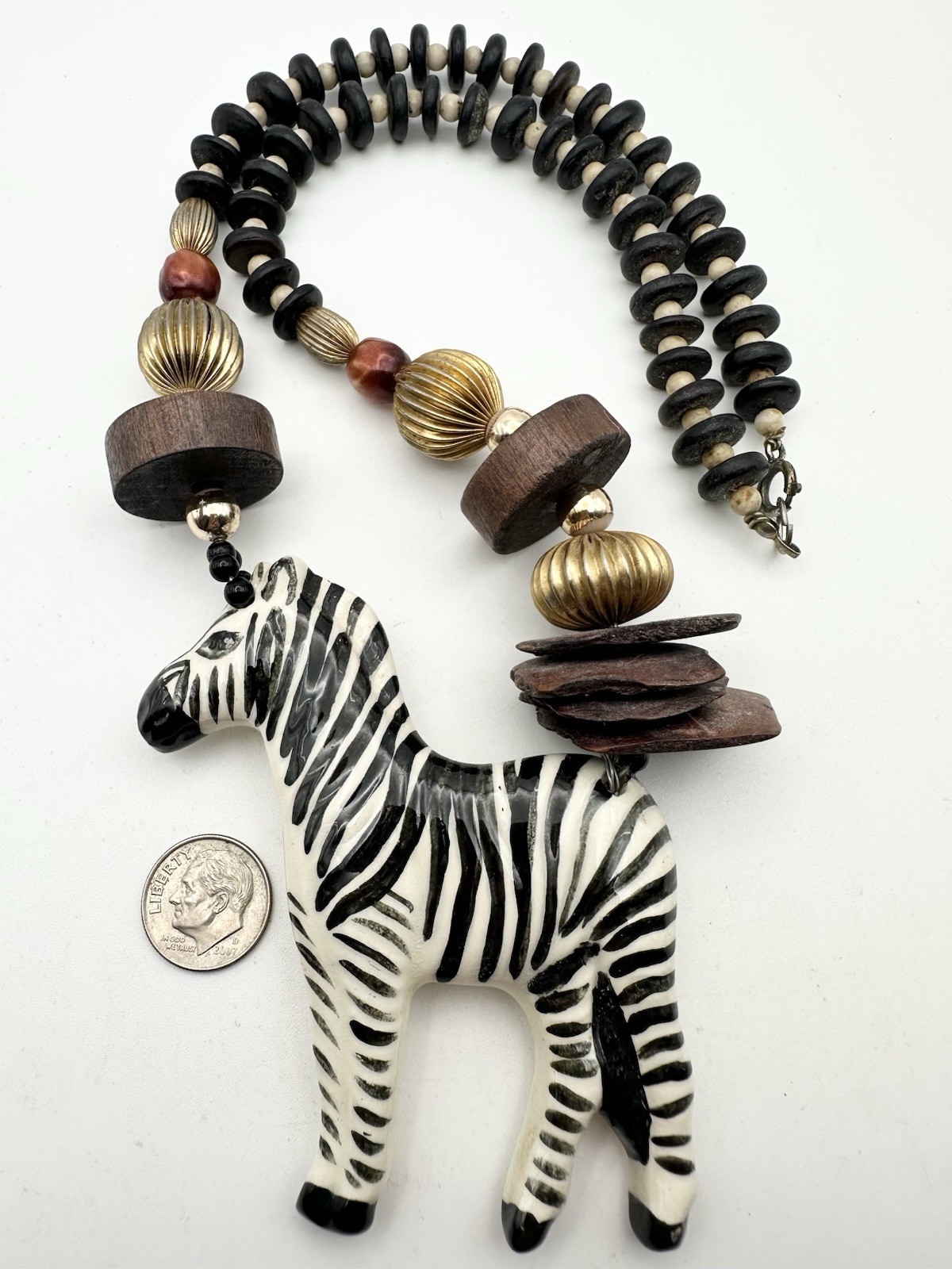 Vintage Ceramic Zebra Wood Bead Necklace 22”