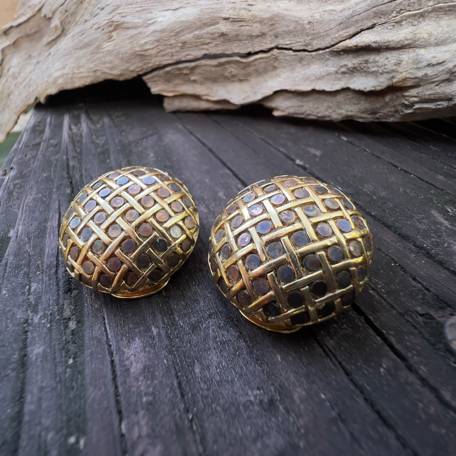 Vintage Orena Paris Woven Iridescent Gold Tone Button Clip Earrings Signed