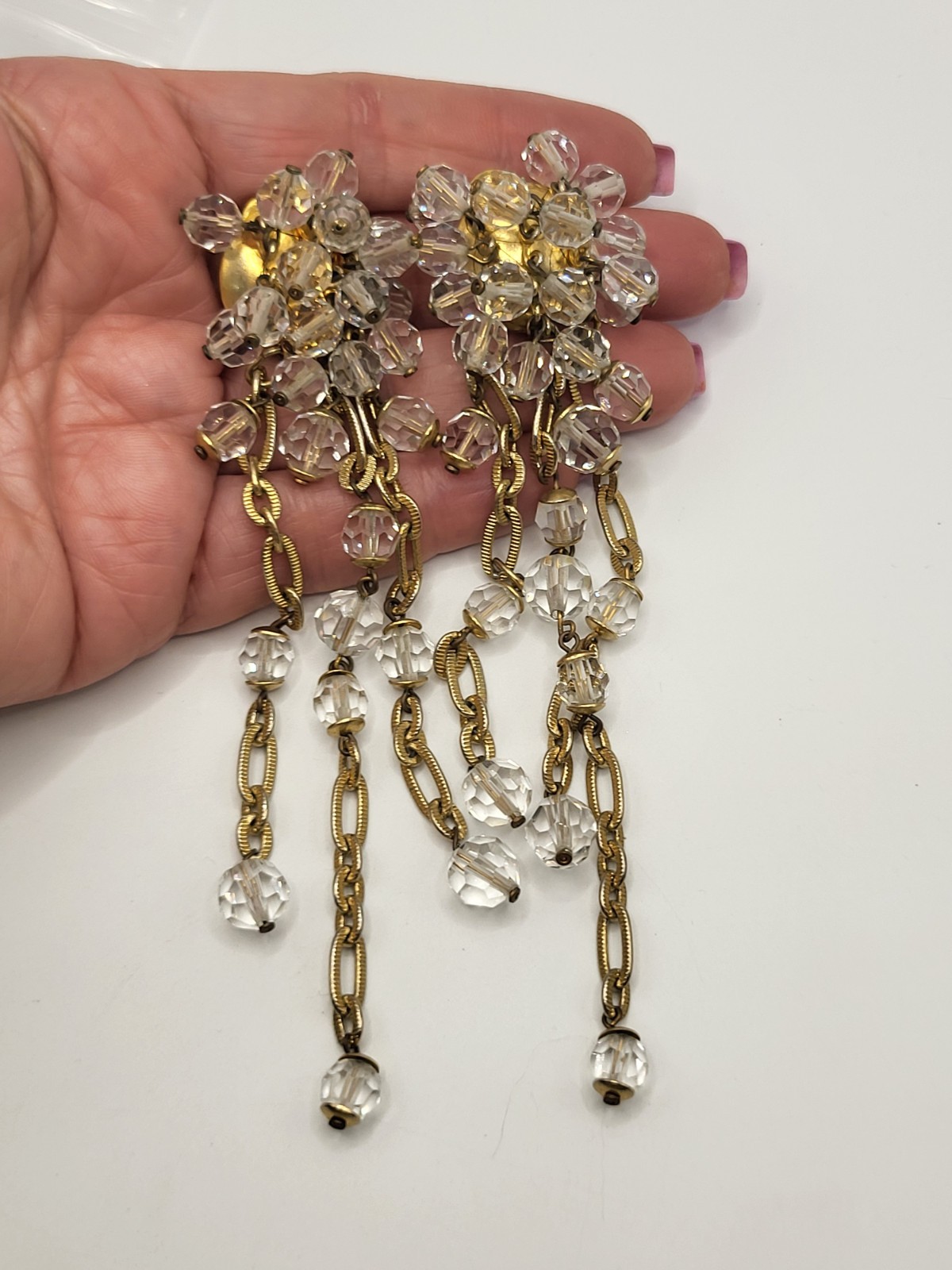 Vintage French Crystal Chandelier Earrings Convertible Clip/Pierced 5″ Dangles