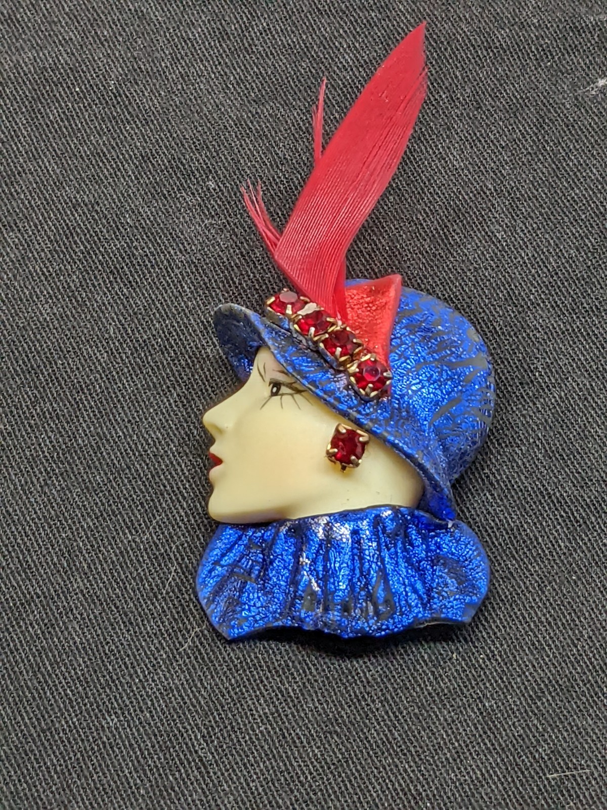 Vintage Lady Head Brooch Blue Glitter Hat Red Rhinestones Feather Pin Retro