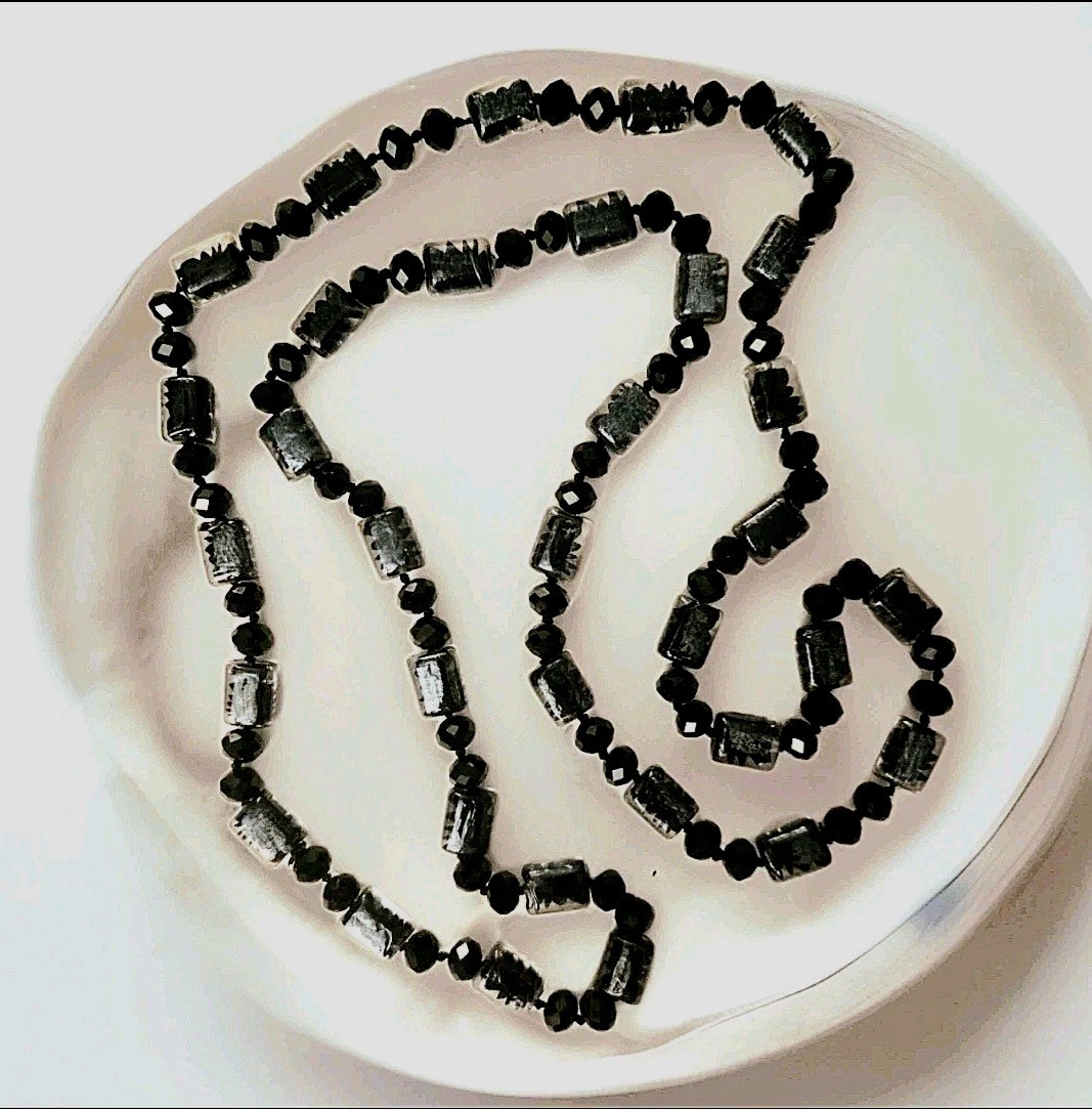 Antique Paris Necklace Black and Clear Glass Beads 1920s Flapper Xtra Long