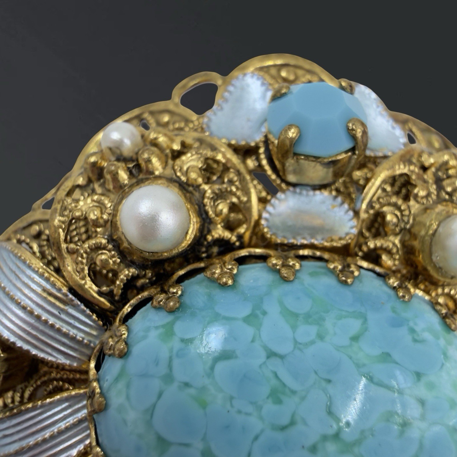 Vintage SIGNED 🖤 Western W Germany 🖤 Gold FILIGREE Turquoise Enamel BROOCH PIN