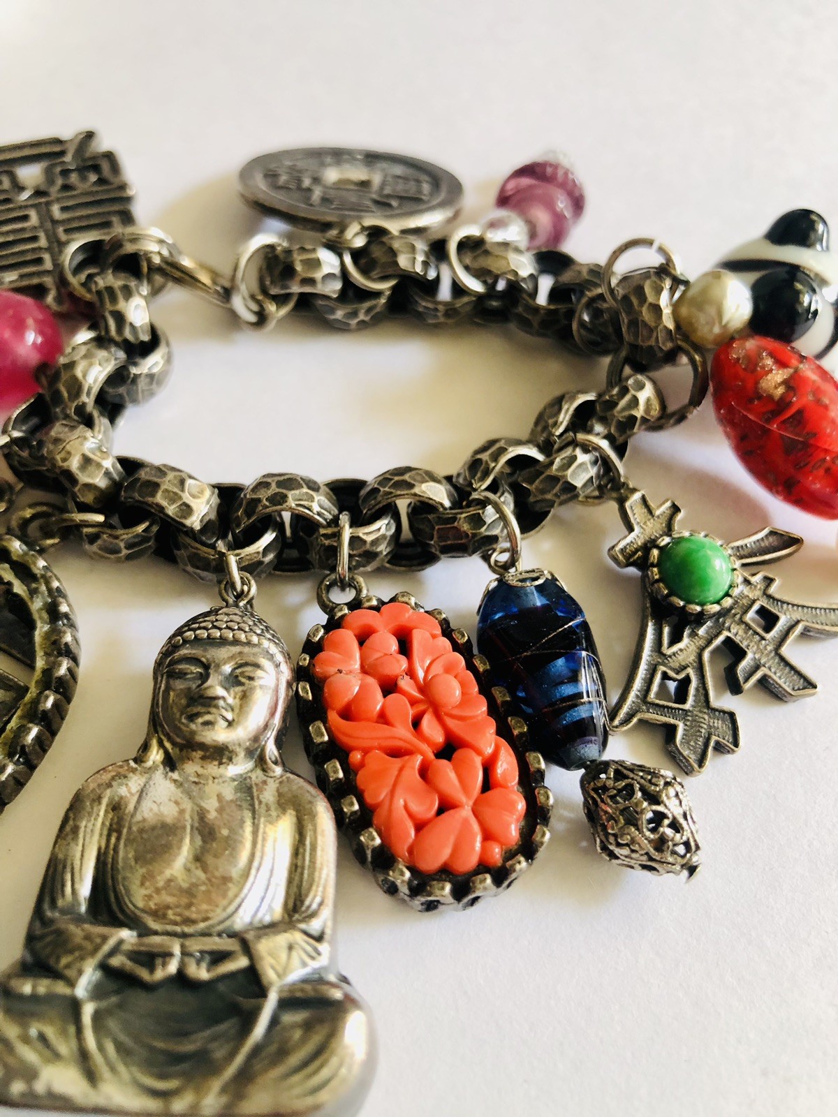 VTG Germany Bracelet, Asian Theme, Murano&plastic, Beautiful Silver Tone, Heavy.