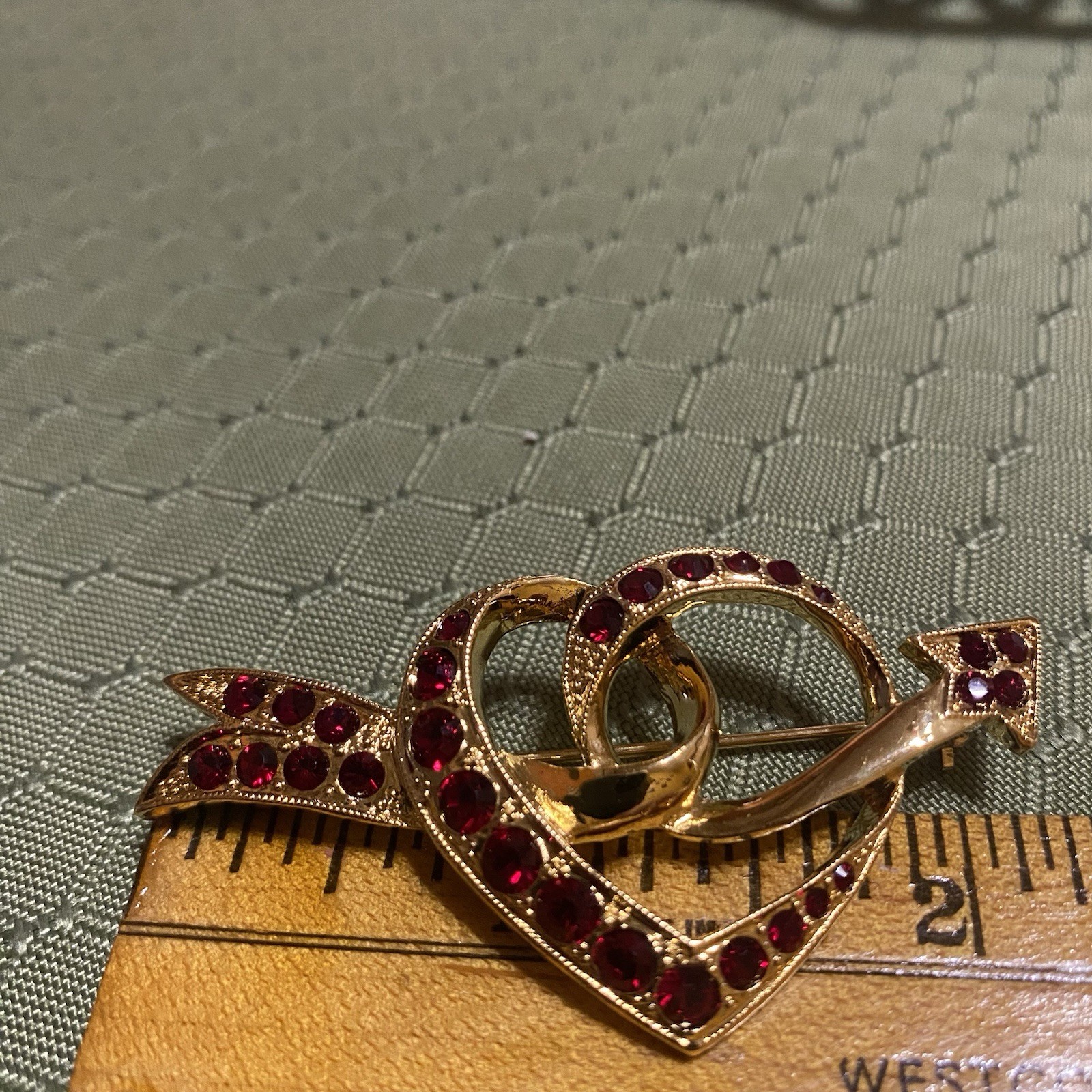 Goldtone Q Wave Brooch & Heart And Arrow Red Rhinestone Goldtone Brooch