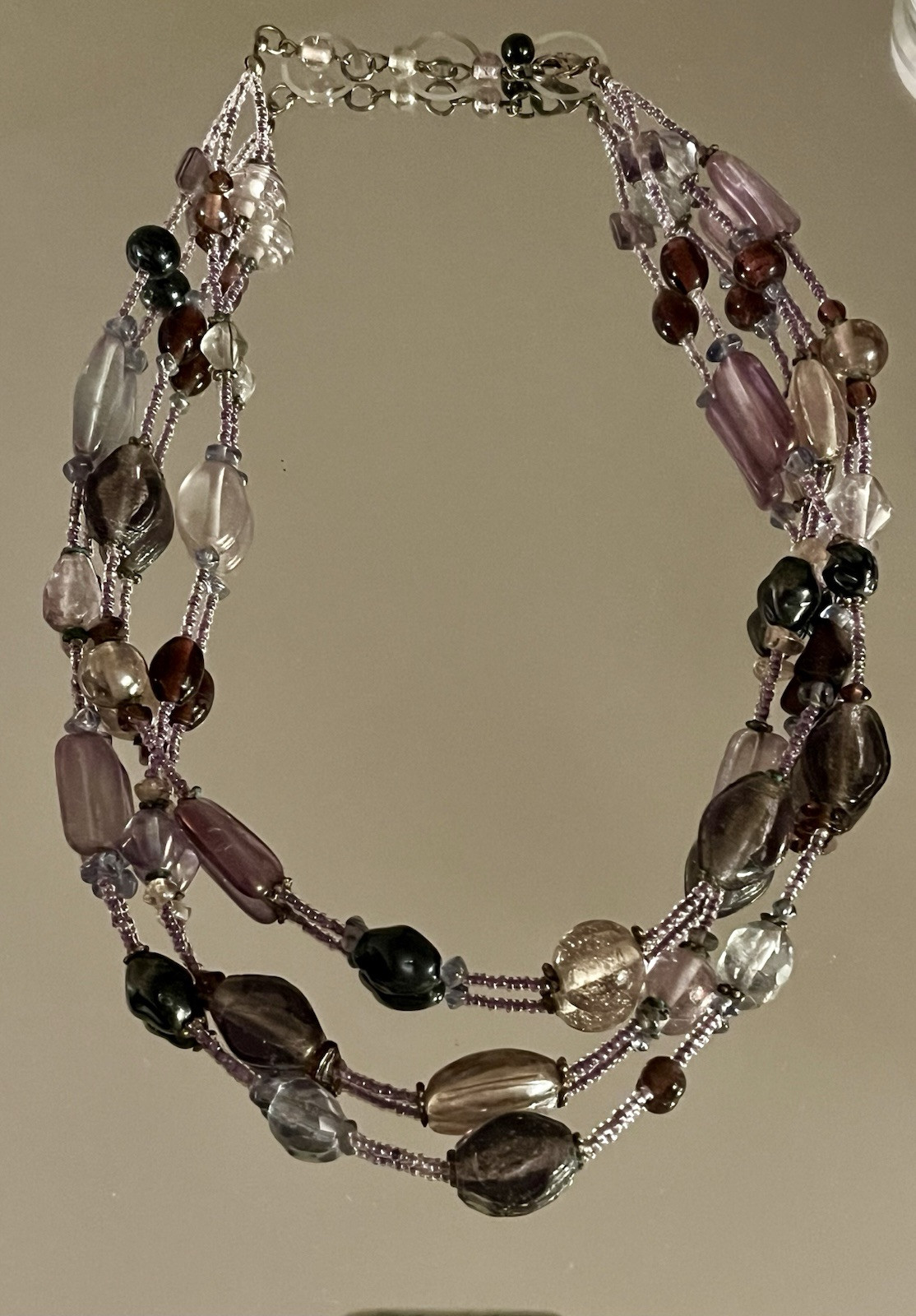 Multicolor Bead Necklace 3 Strand Purple Brown Statement Chunky Boho Jewelry