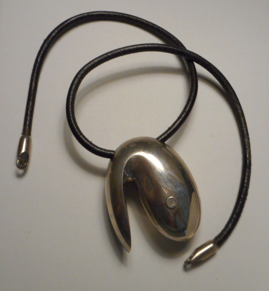 Large Modernist Sterling Organic Abstract Sculptural Pendant on Leather Cord 21″