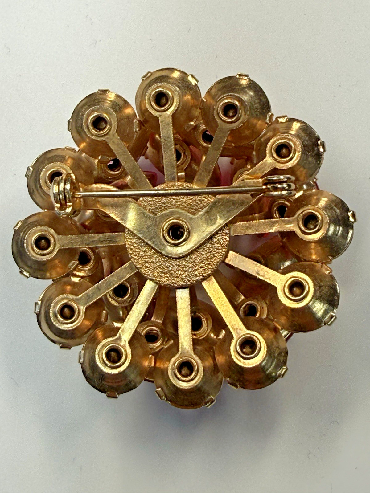 Vintage Pink Navette Rhinestone Domed Brooch Mid Century Gold Tone