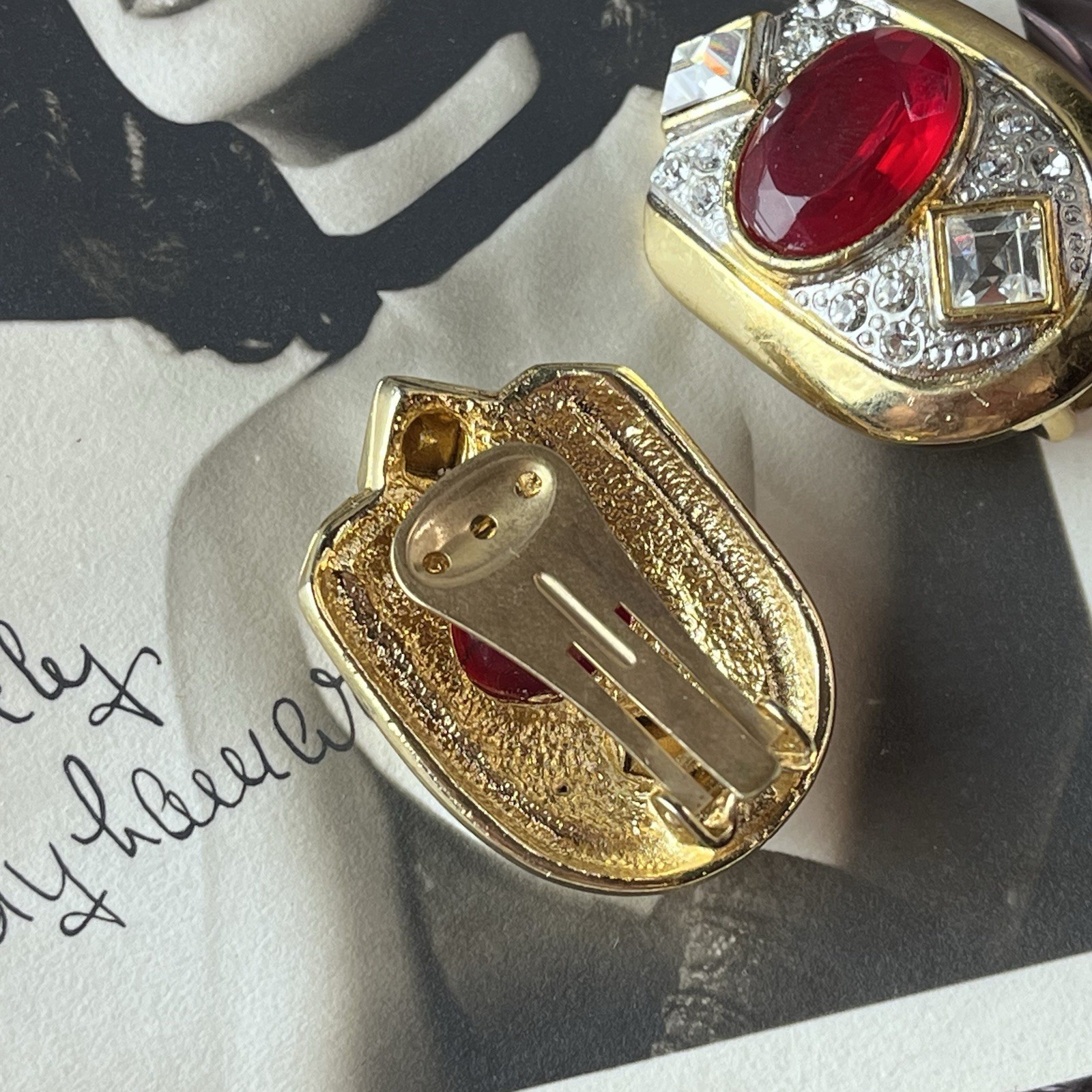 Vtg 1980s Ruby Red Glass Clip Earrings – Gold Tone -Clear Crystal Accent – 1.25”