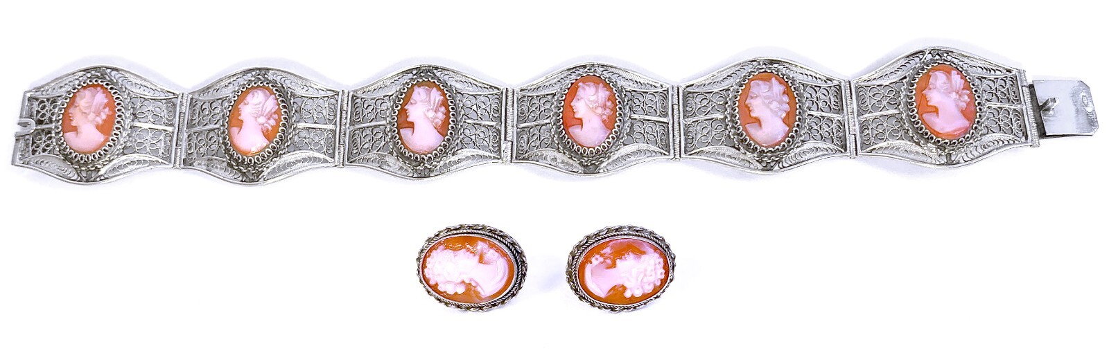 Vintage 6 Cameo Cannetille Bracelet & Cameo Earrings from Italy 800 925 Silver