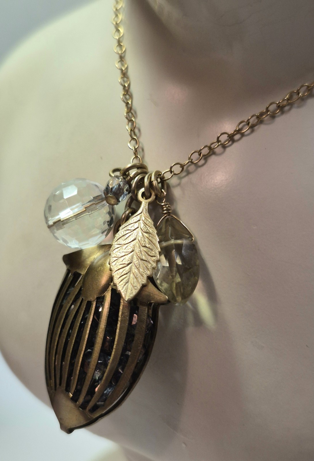 David Aubrey Pendant Necklace Glass Gold Tone Vintage Style Birdcage Dainty