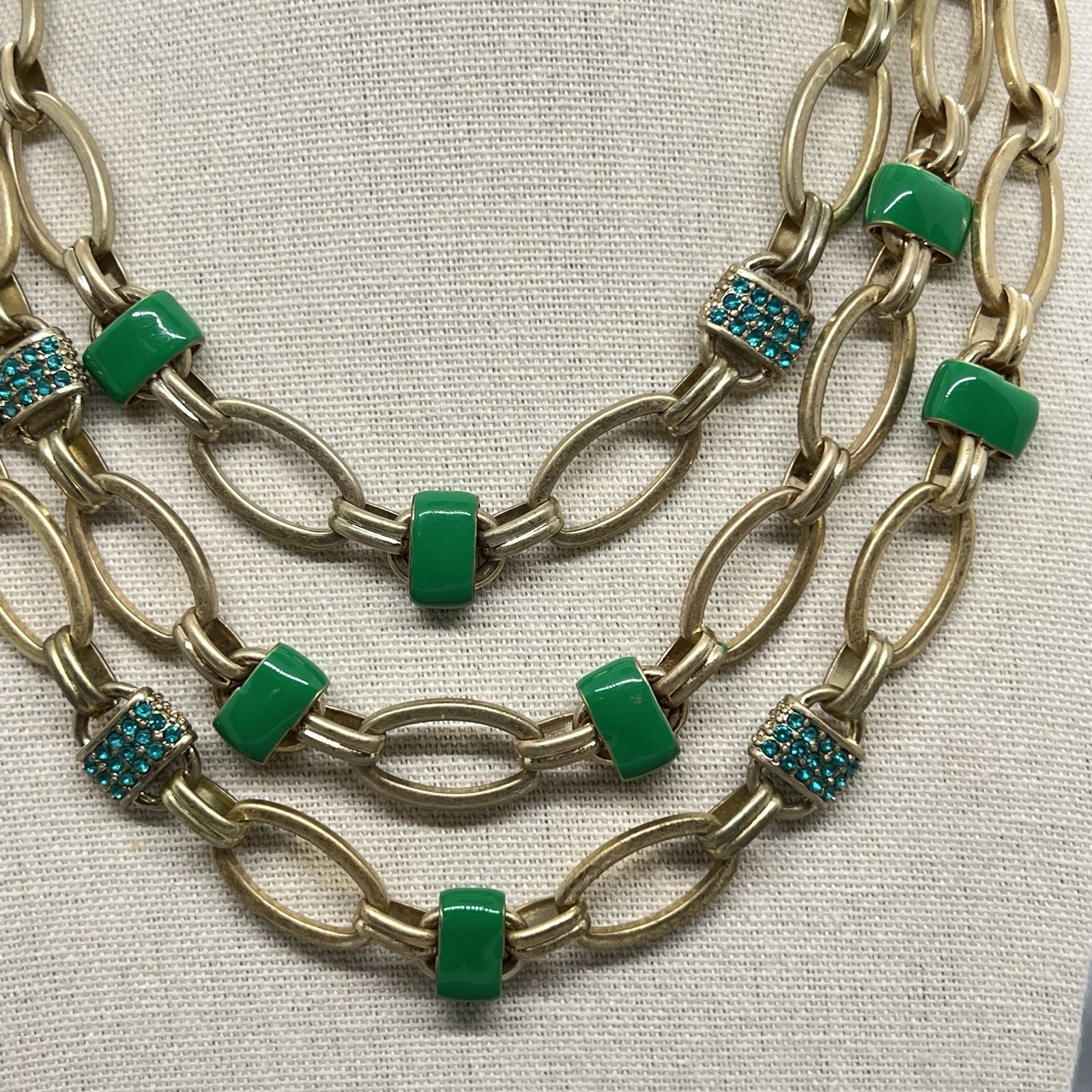 Coldwater Creek Green Enamel Blue Rhinestone Multi Strand Necklace Gold Tone