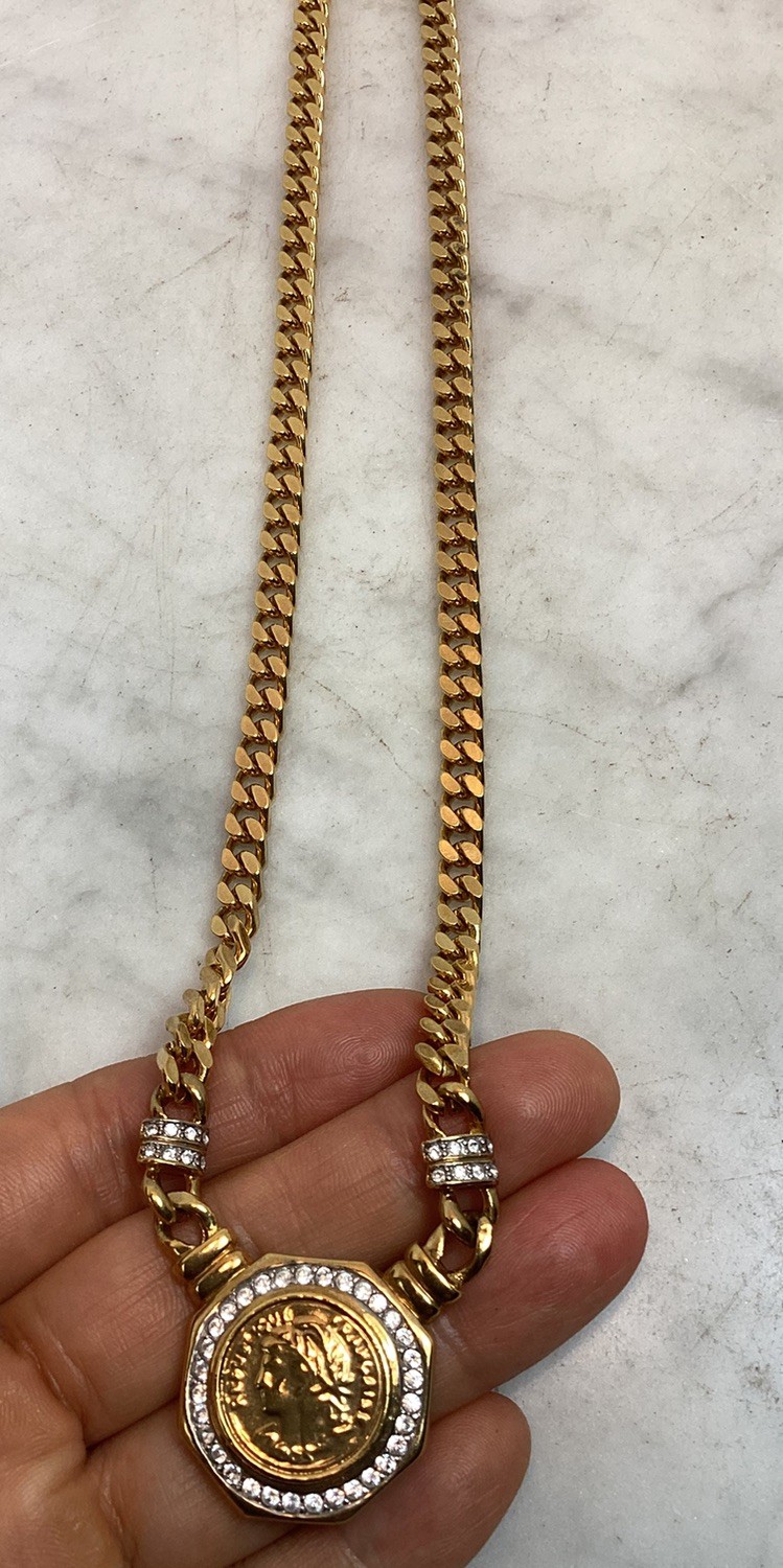 Vintage Gold Tone Roman Coin Rhinestone Pendant Curb Link Chain Necklace