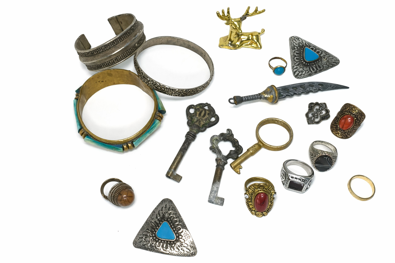 Vintage Jewelry & Curios Lot Bracelets Rings Keys Dagger Deer Figurine