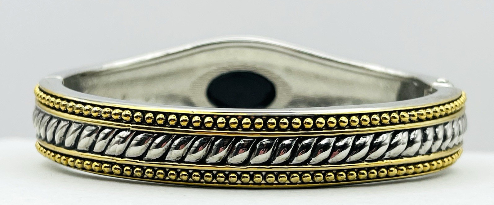 Vintage Silver and Gold Tone Hinged Bangle Bracelet Black Faceted Acrylic Stone