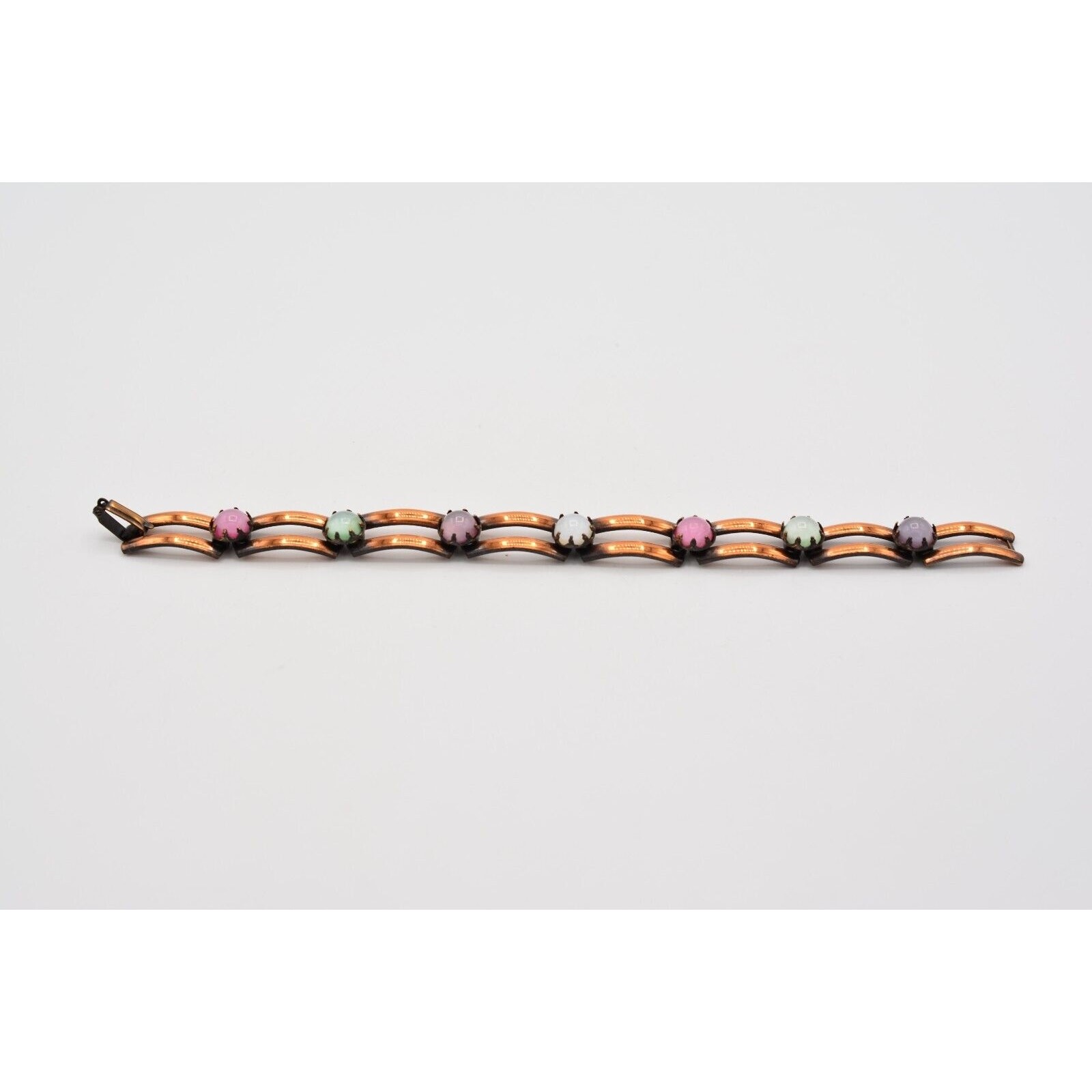 Vintage Cabochon Bracelet Copper Tone Pink White Linked Chain 1980s Bin8