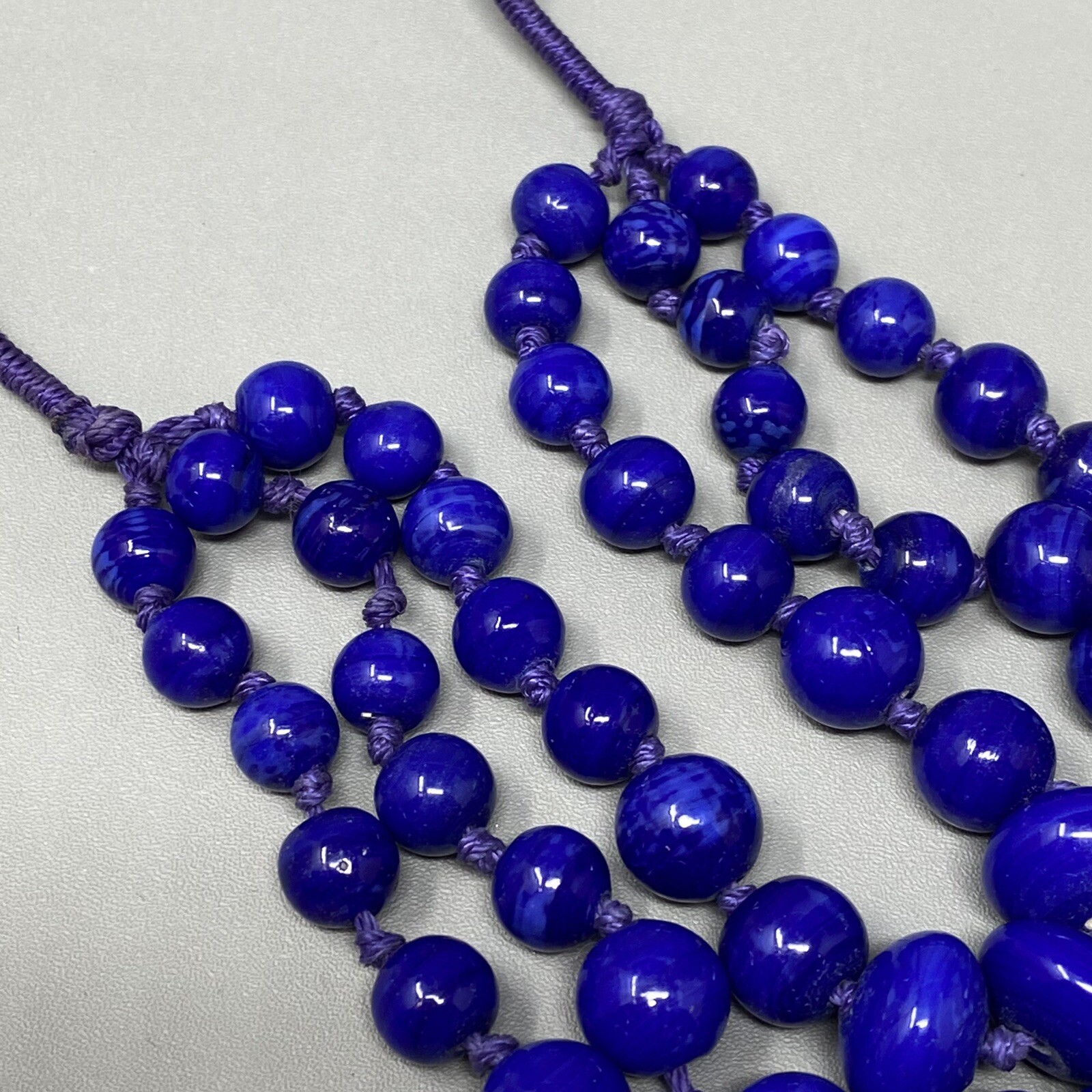 VTG Ceramic Bead Necklace Blue Marble Hand Knot Cord Chain Multi Strand Boho 21″