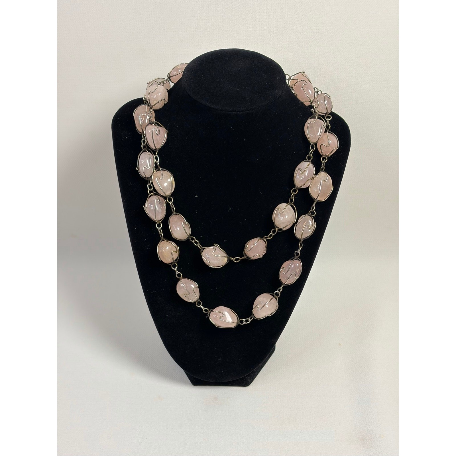 Vintage Pink Rose Quartz Caged Stone Bead Necklace Jewelry Wired 36in