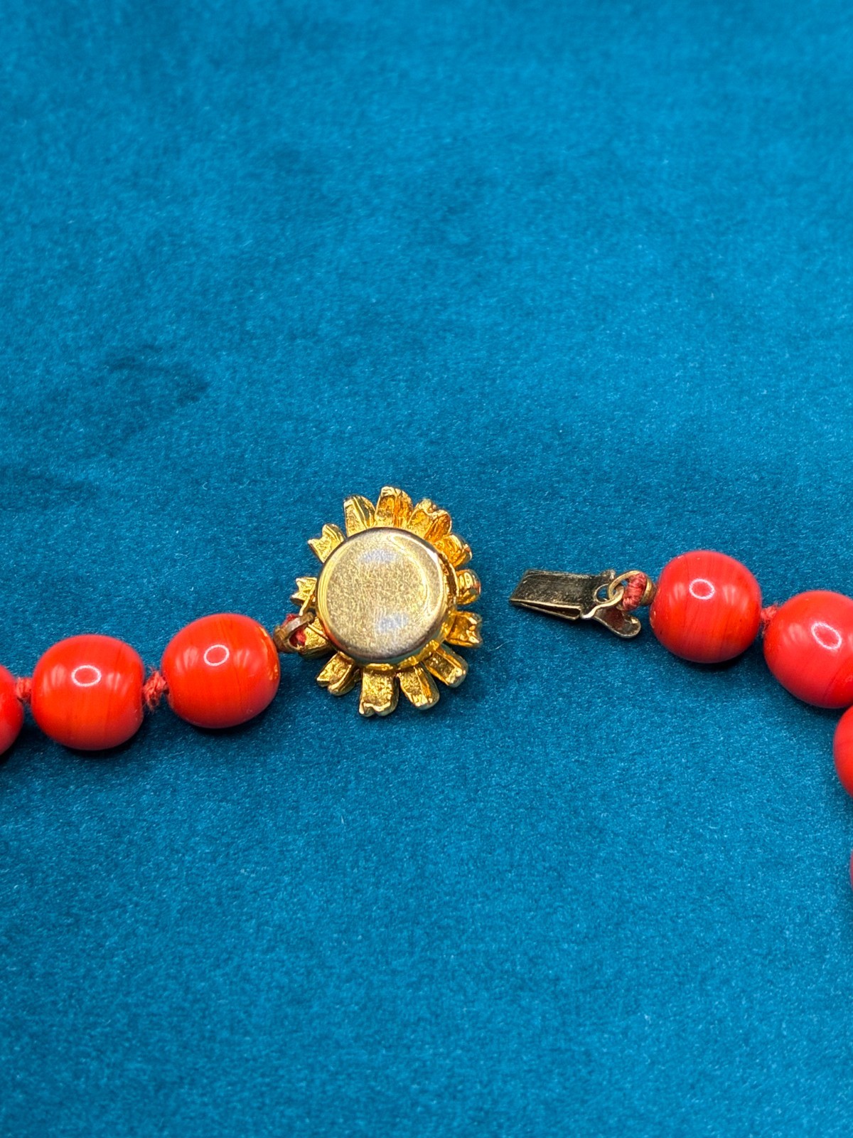Vintage Glass Beaded Necklace Red Hand Knotted Decorative Clasp 15″