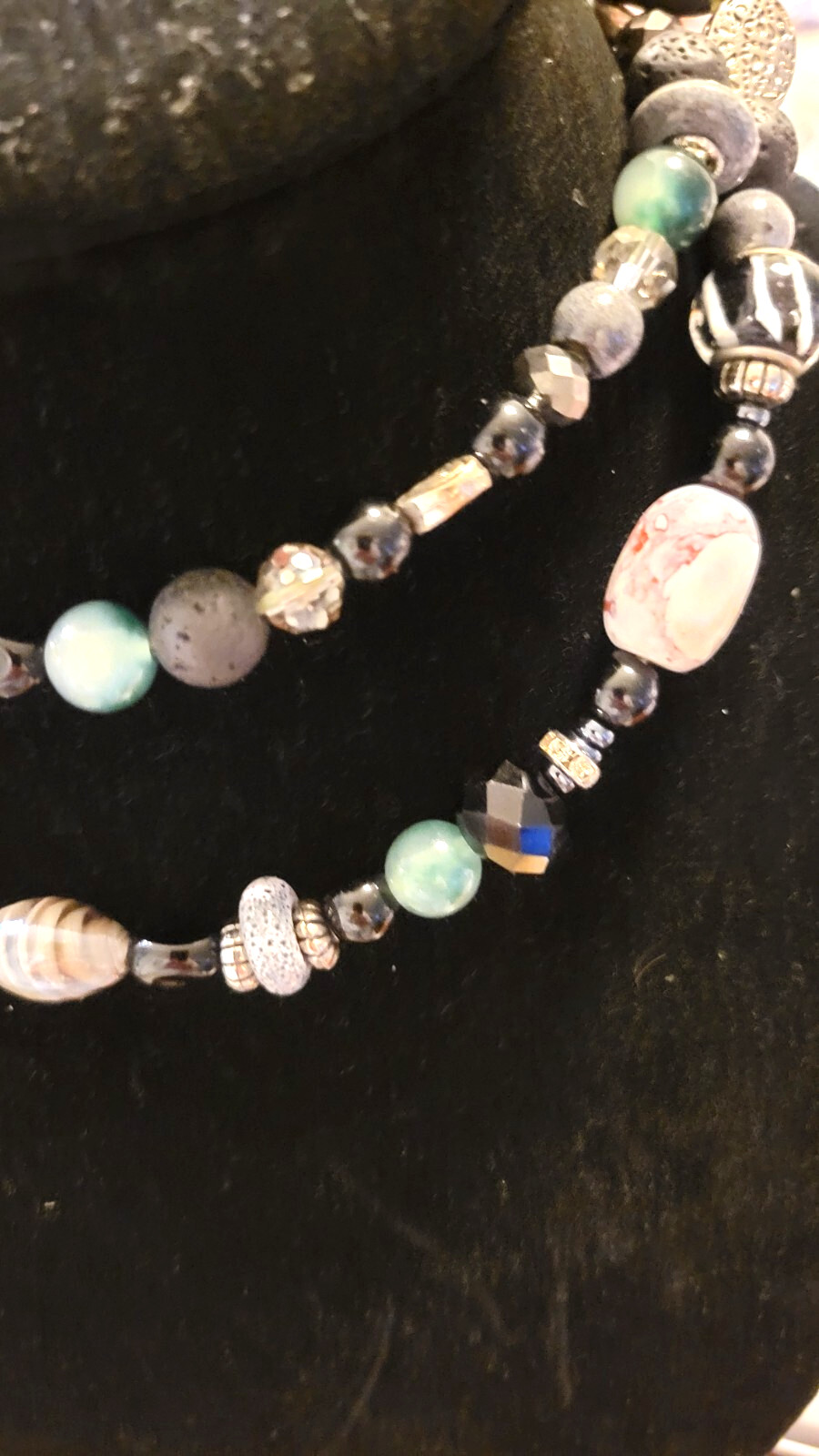 30″ necklace, rich green jadeite, black lava stone, lamp work, agate, silver.
