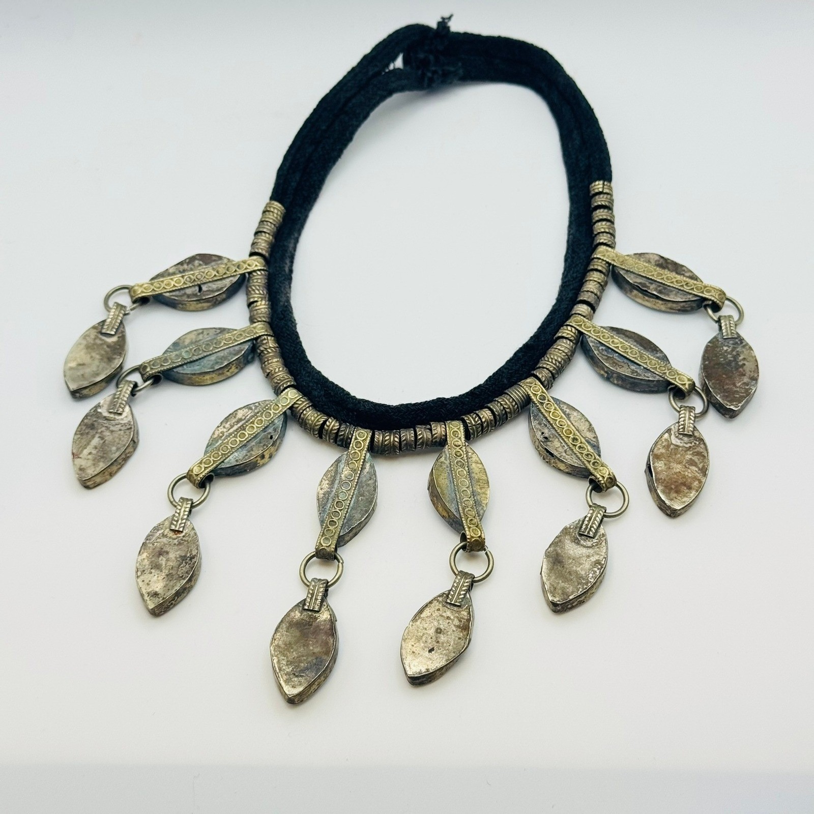 VTG Blue Glass Collar Bib Necklace BOHO Egyptian style choker silver fringe 14″