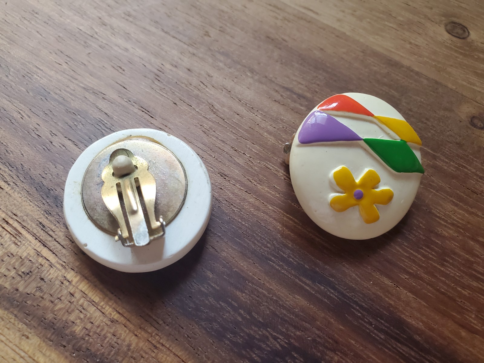Vintage 80s Colorful Clip on Button Earrings Cream, Red, Green, Yellow, Purple