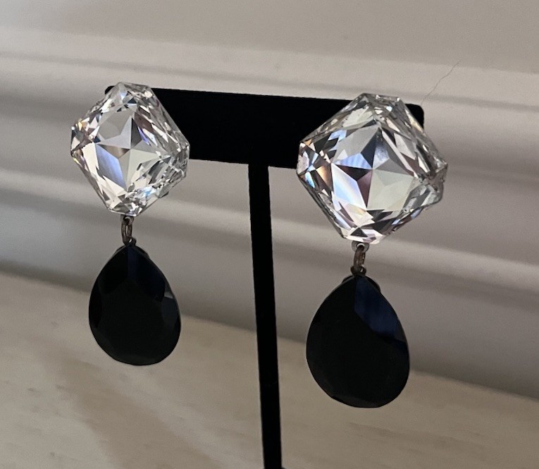 Vintage Glass Black Clear Faceted Crystal 2.5” Statement Drop Clip On Earrings