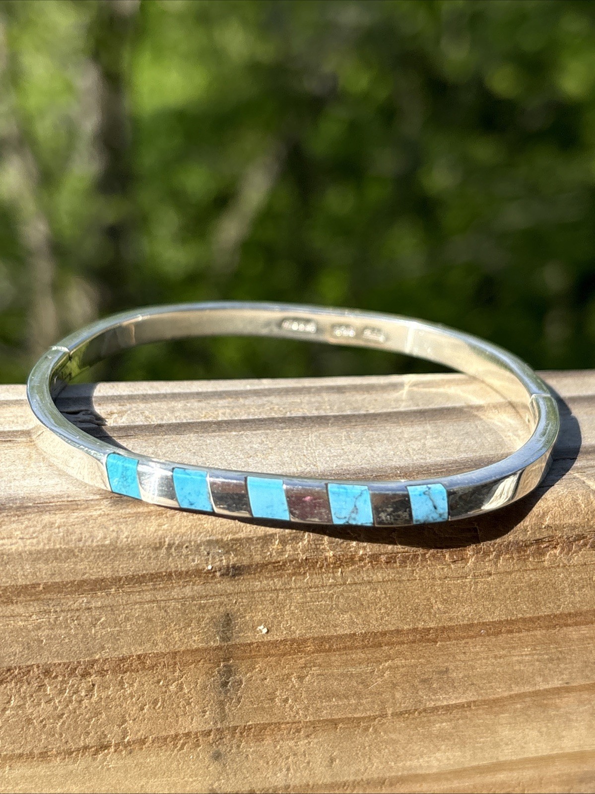 ATI Mexico 925 Sterling Silver Turquoise Hinged Bangle Bracelet Signed