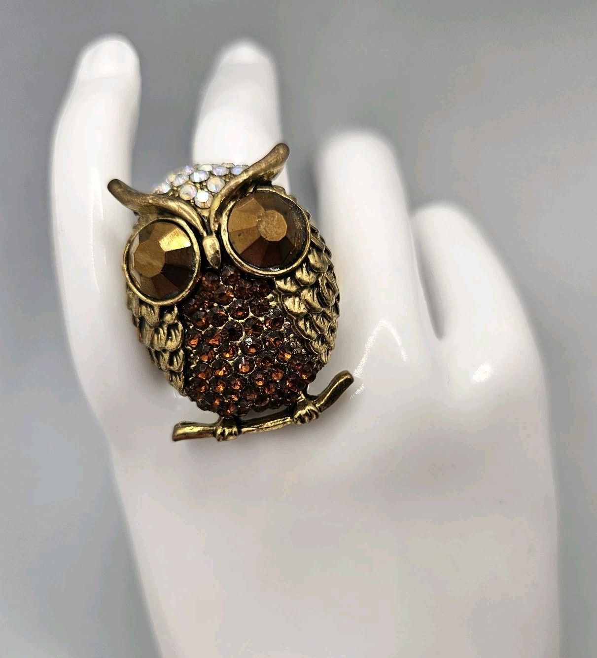 Vintage AB Rhinestone Owl Ring Gold Tone Stretch Band Chunky Large Cocktail Bird