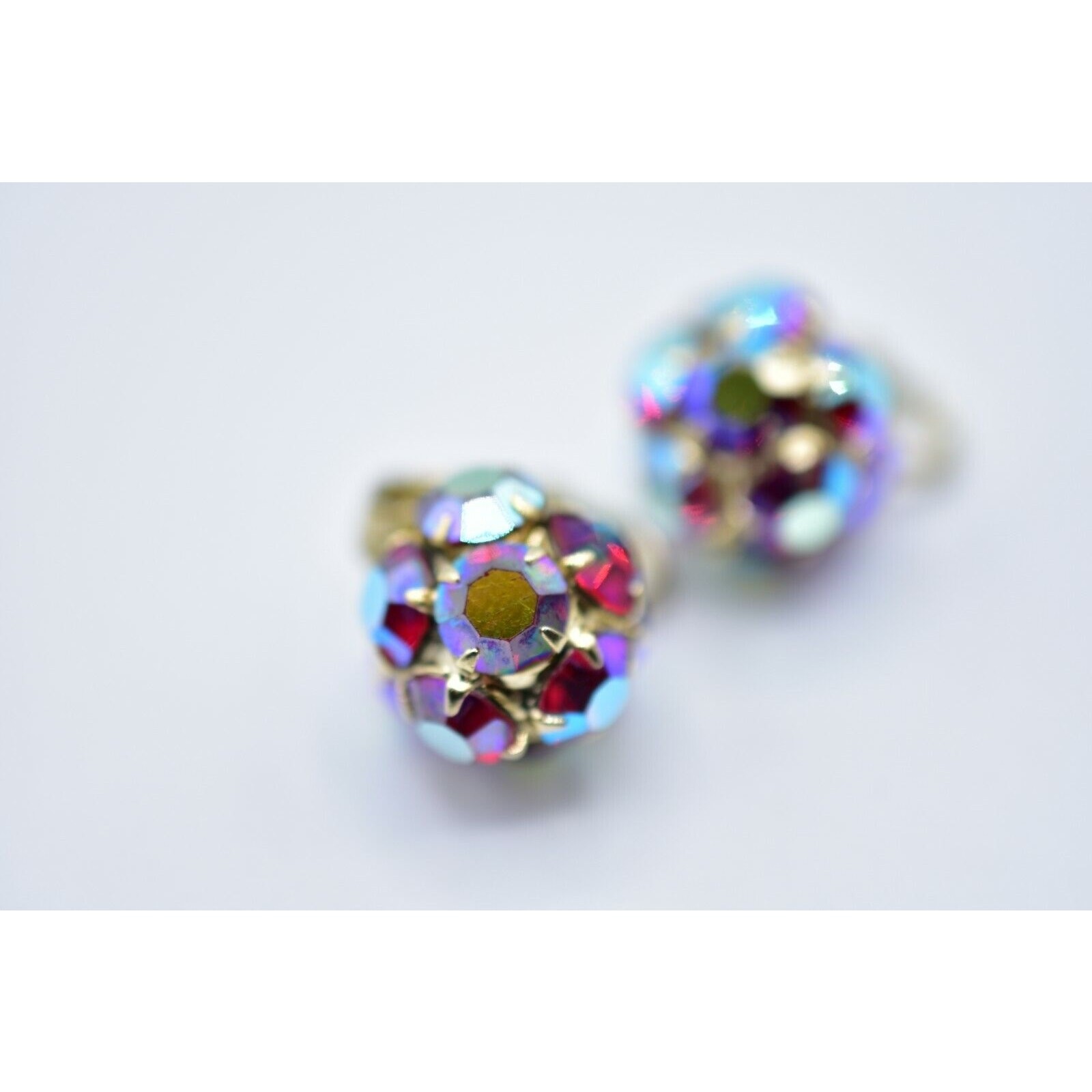 Kramer Vintage Crystal Clip On Earrings Red Aurora Borealis Signed 1950s Bin4