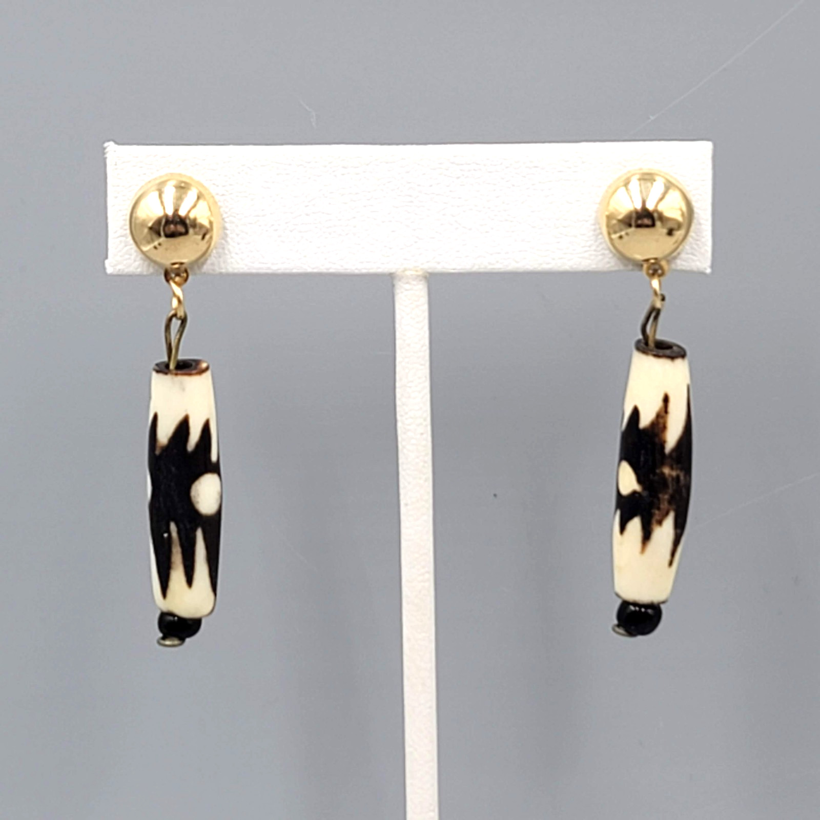 Vintage Pierced Earrings Gold tone Dangle African Cow Bone Bead 2 in
