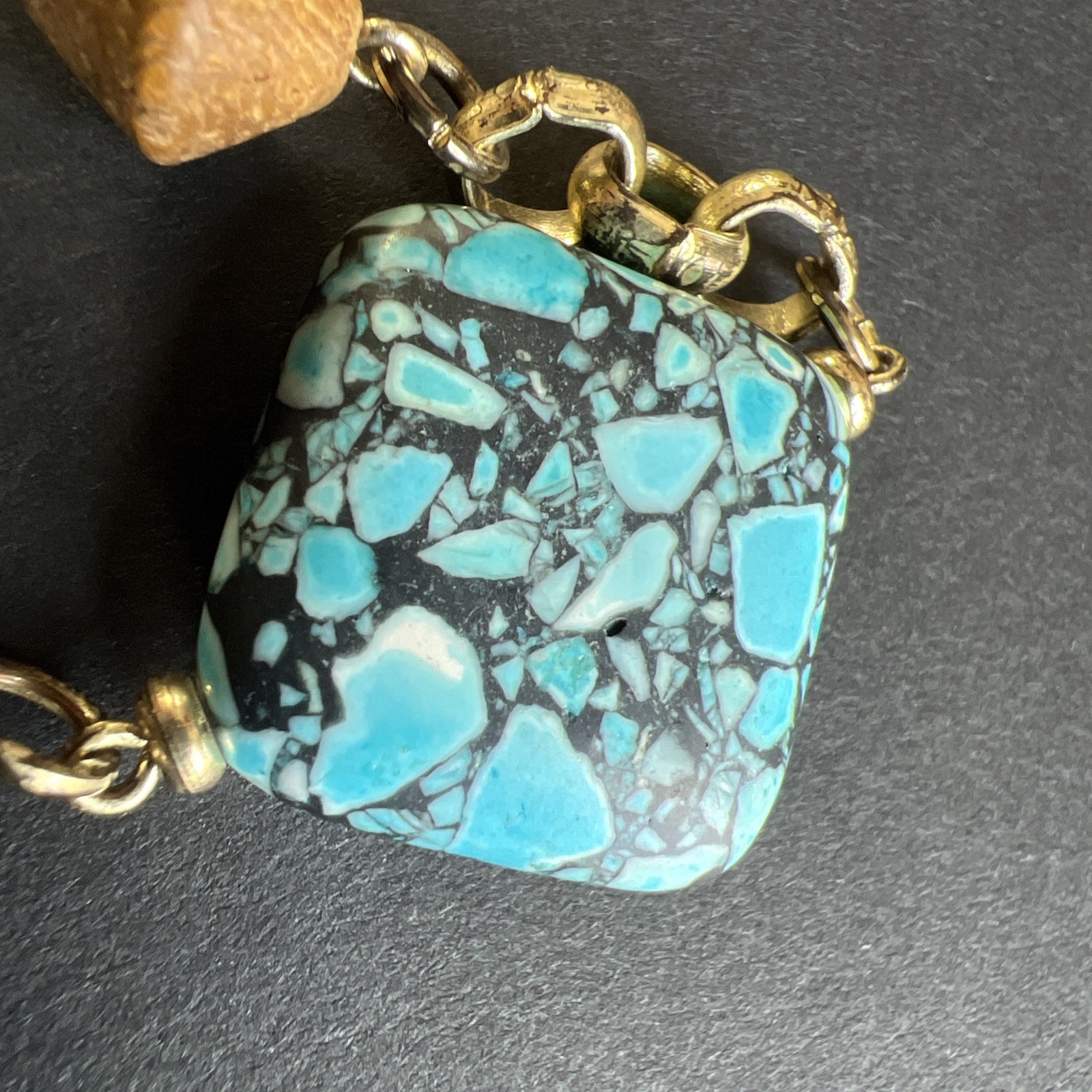 Vintage Turquoise Chip Inlay Beads Amber Mother of Pearl Abalone Bronze Necklace