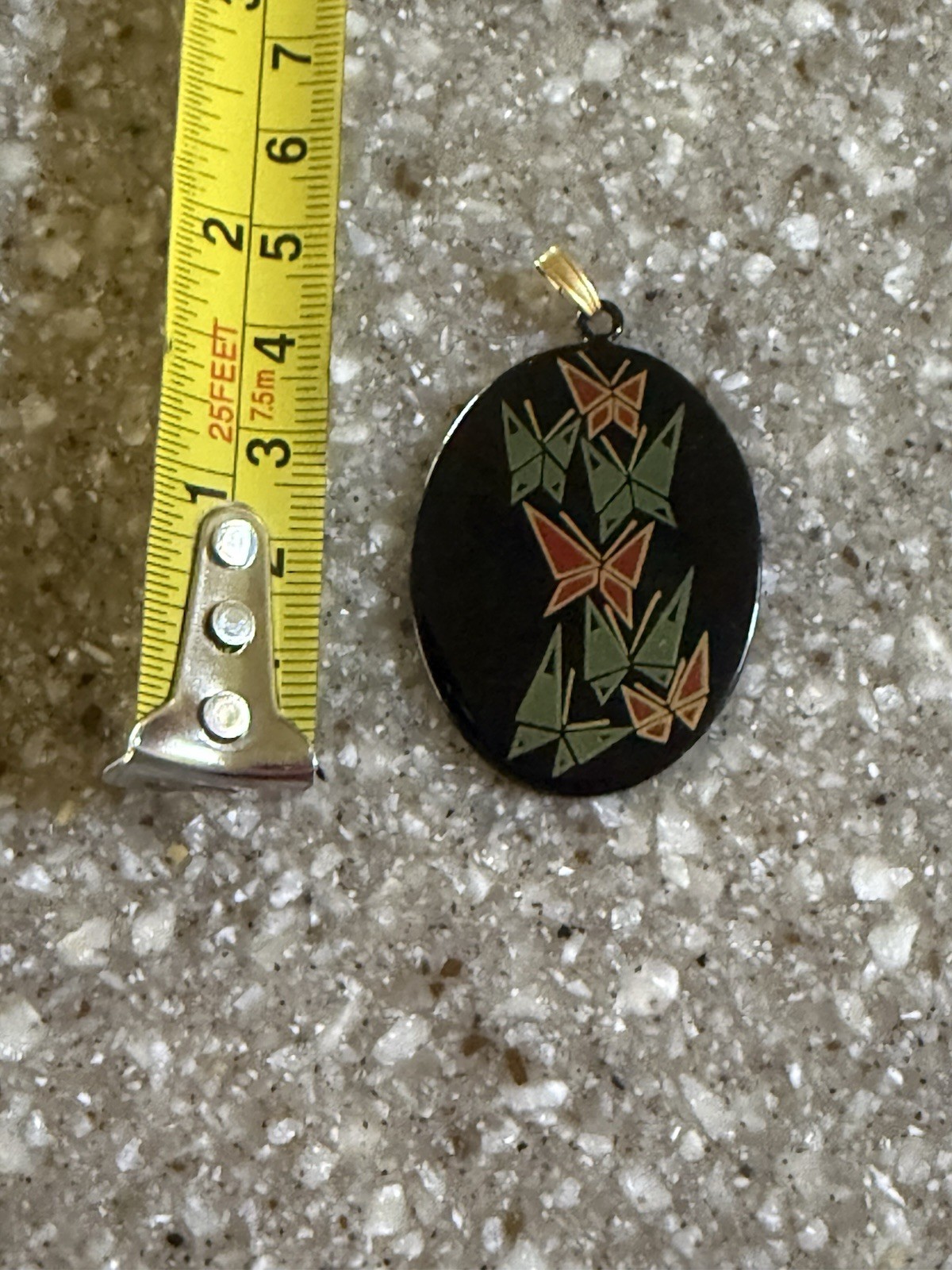 Vintage Japanese Black Lacquer Butterfly Pendant Oval Gold Tone Inlay Retro