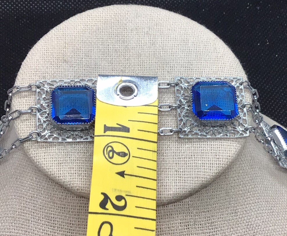 Antique Slver Tone Costume Wide Blue Glass Stone Bracelet 8″ C566