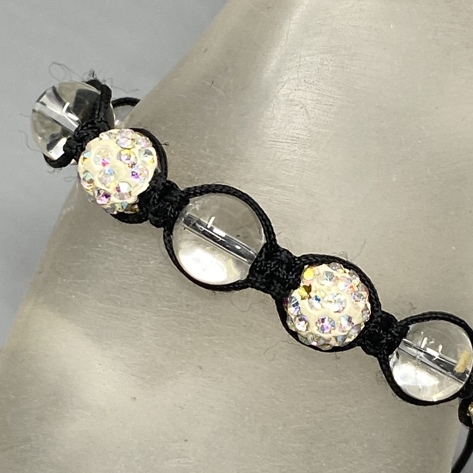 Glass Bead Bracelet Clear Druk Speckled AB Rhinestone Tension Cord Adjustable