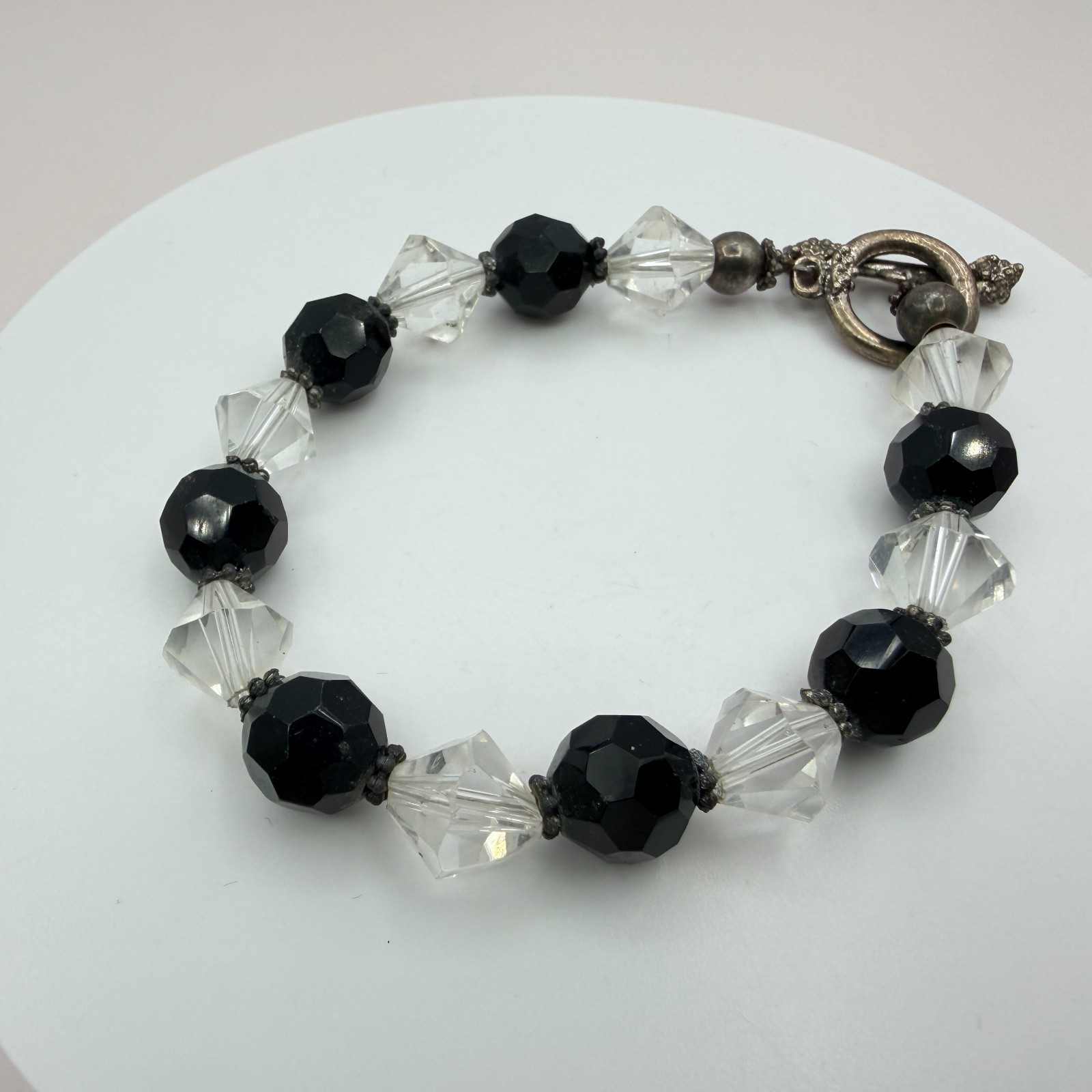 Vintage Black Clear Crystal Bead Necklace Bracelet Dangle Earrings Matching Set