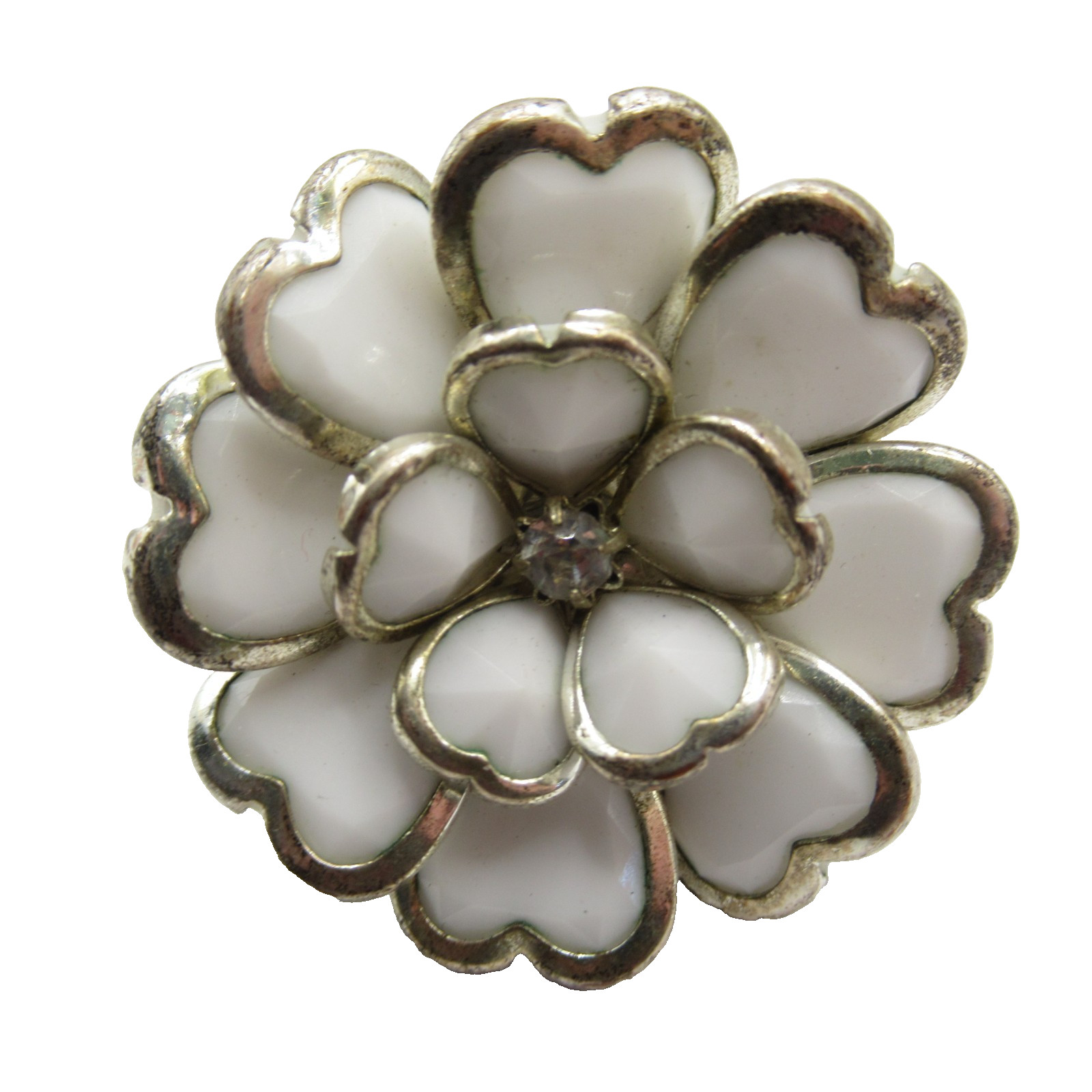 White with Silver Tone Metal Flower Ring Large Plastic Size 10 – 10.25