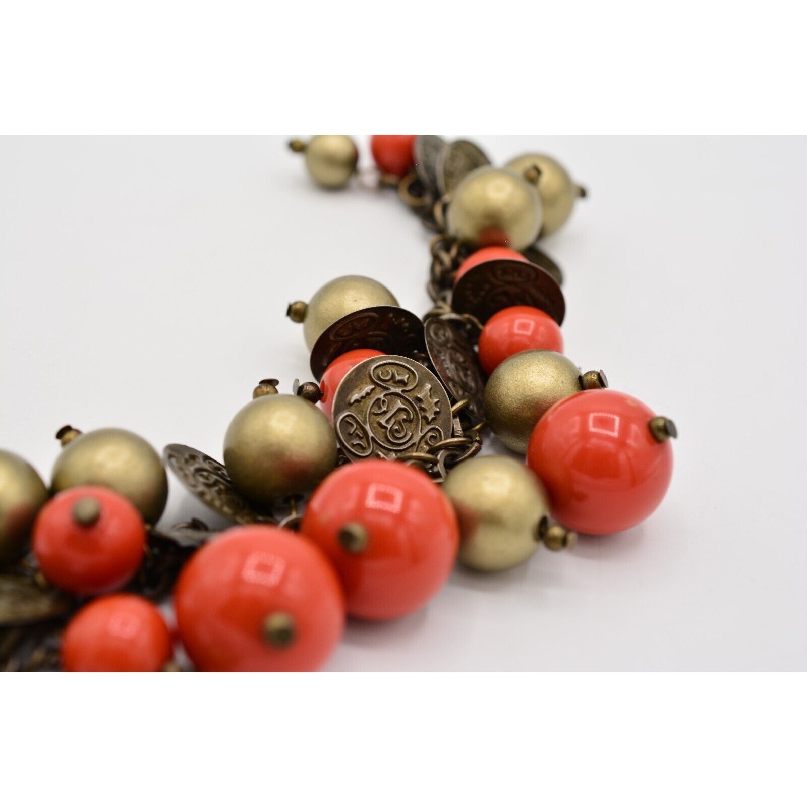 Vintage Dangle Coin Charm Bracelet Rustic Brass Orange Gold Beaded Chunky Bin7