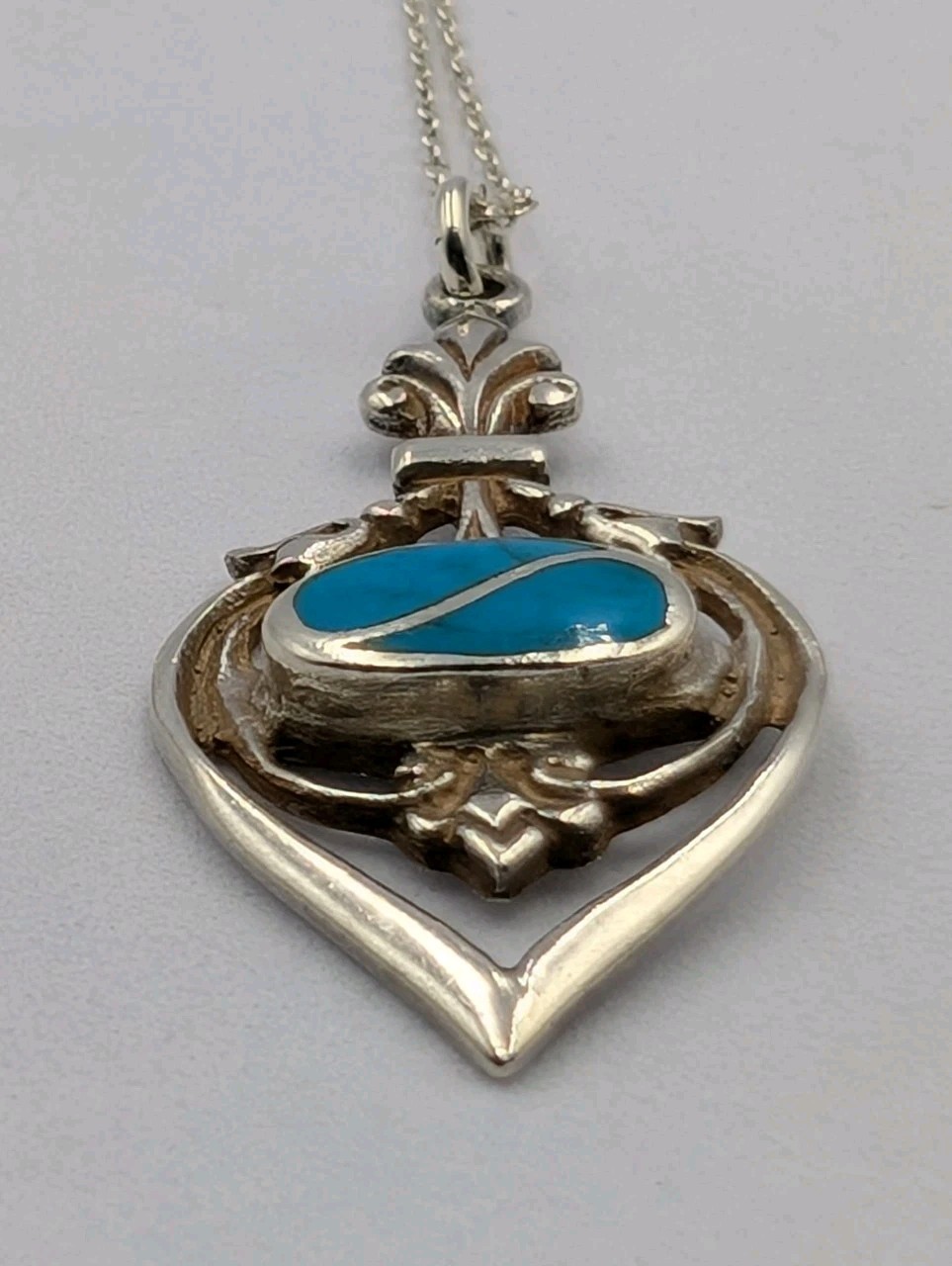 Vtg Sterling Silver Inlay Oval Turquoise Openwork Pendant 19″ Cable 925 Necklace