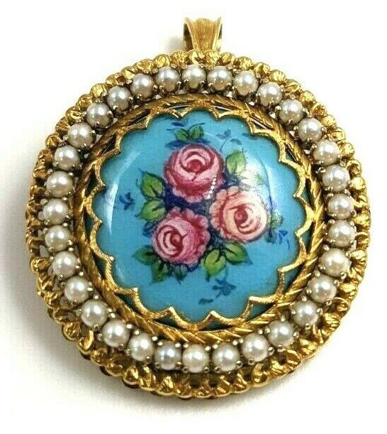18K 750 Solid Yellow Gold Painted Roses w/ Pearls Brooch Pendant (16.45g) 1.25″