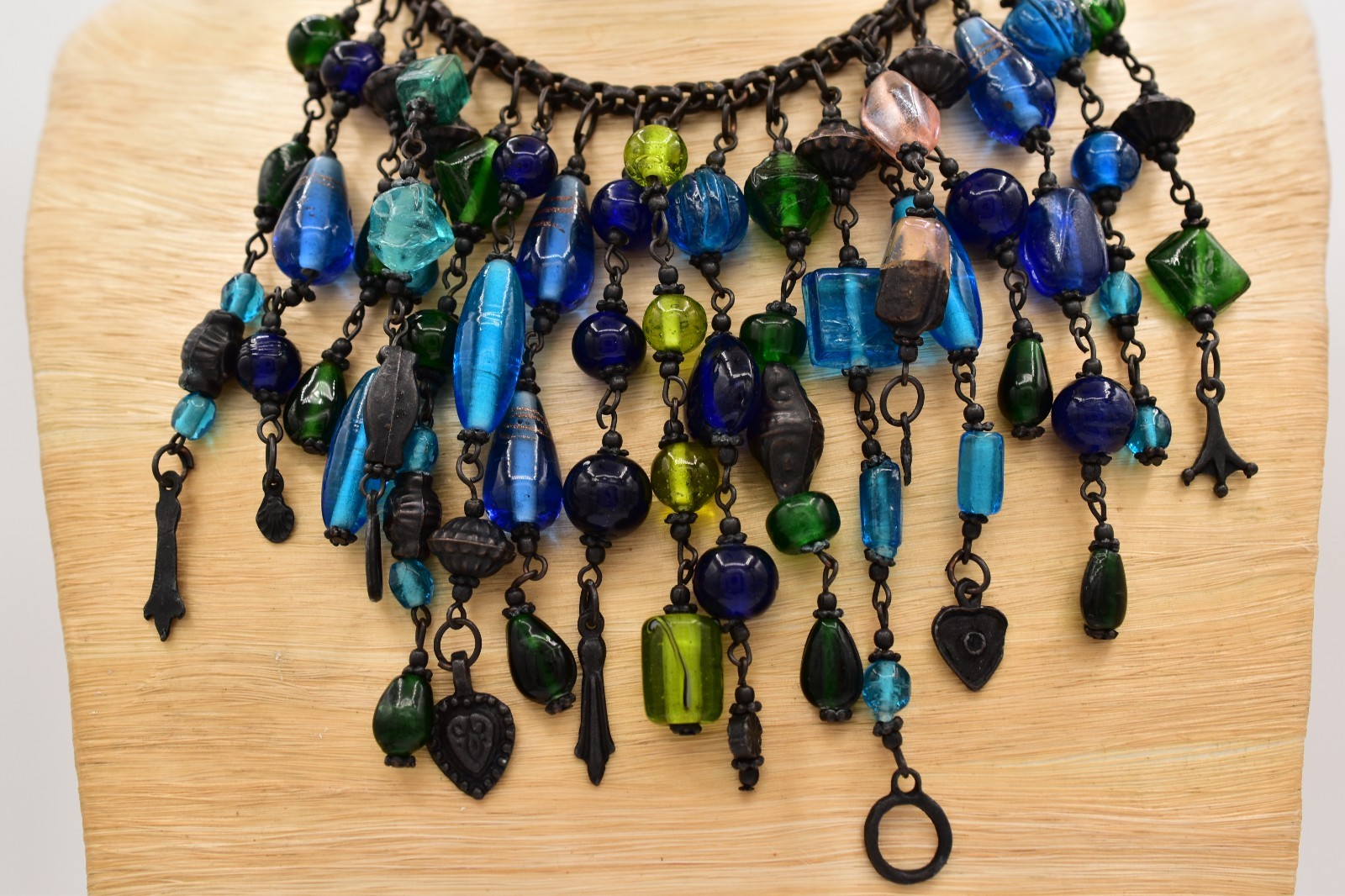 Vintage Glass Beaded Bib Collar Necklace Blue Green Fringe Gunmetal Chunky BinBQ