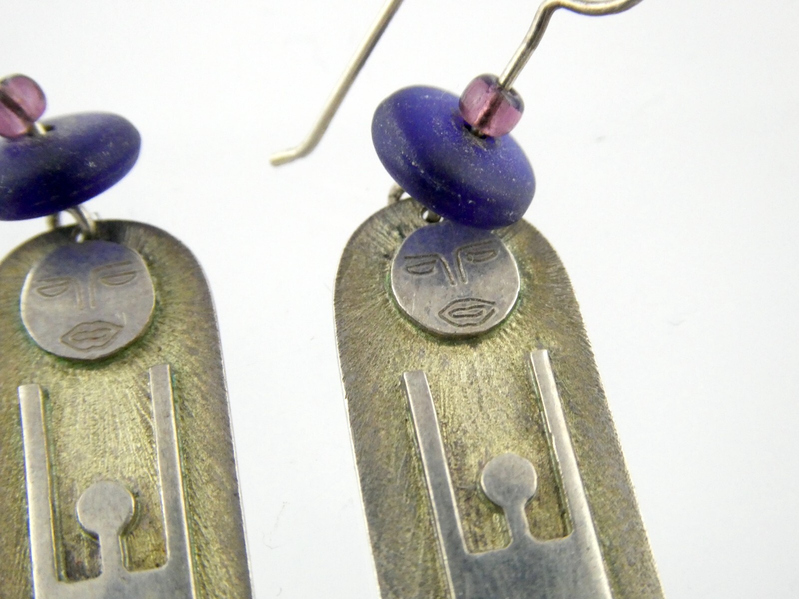 Vtg Artisan Handmade Sterling Silver Person Worshipping Sun Earrings 9g 2.25 In
