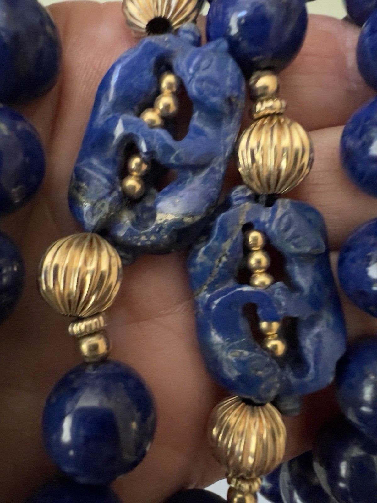 Vintage Lapis Lazuli and 14K Beads Hand Knotted 30” Necklace With Figural Beads