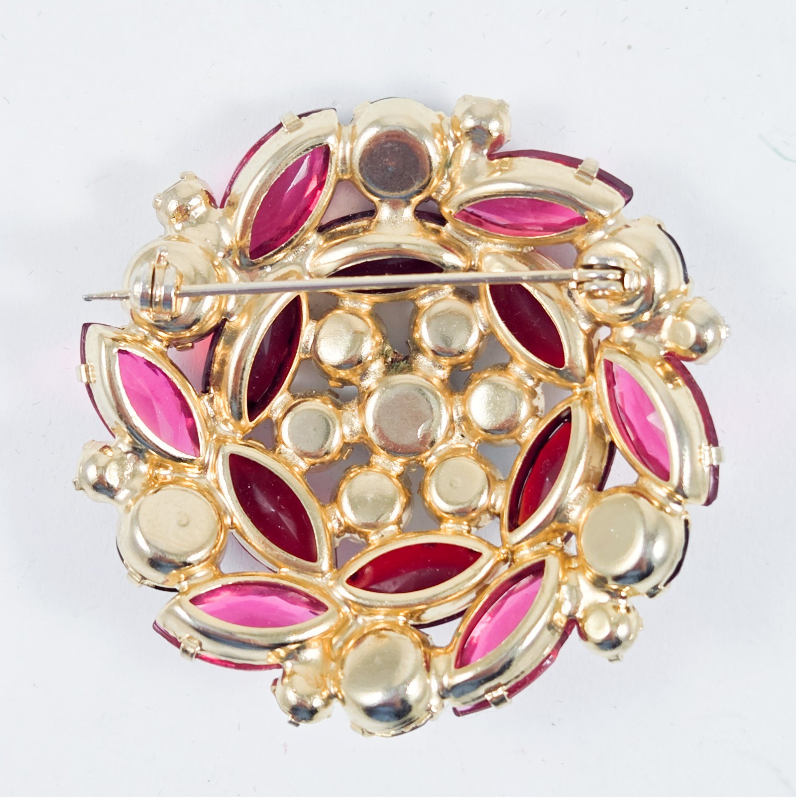 Retro Red Fuchsia Black AB Gold Tone Rhinestone Vintage Brooch