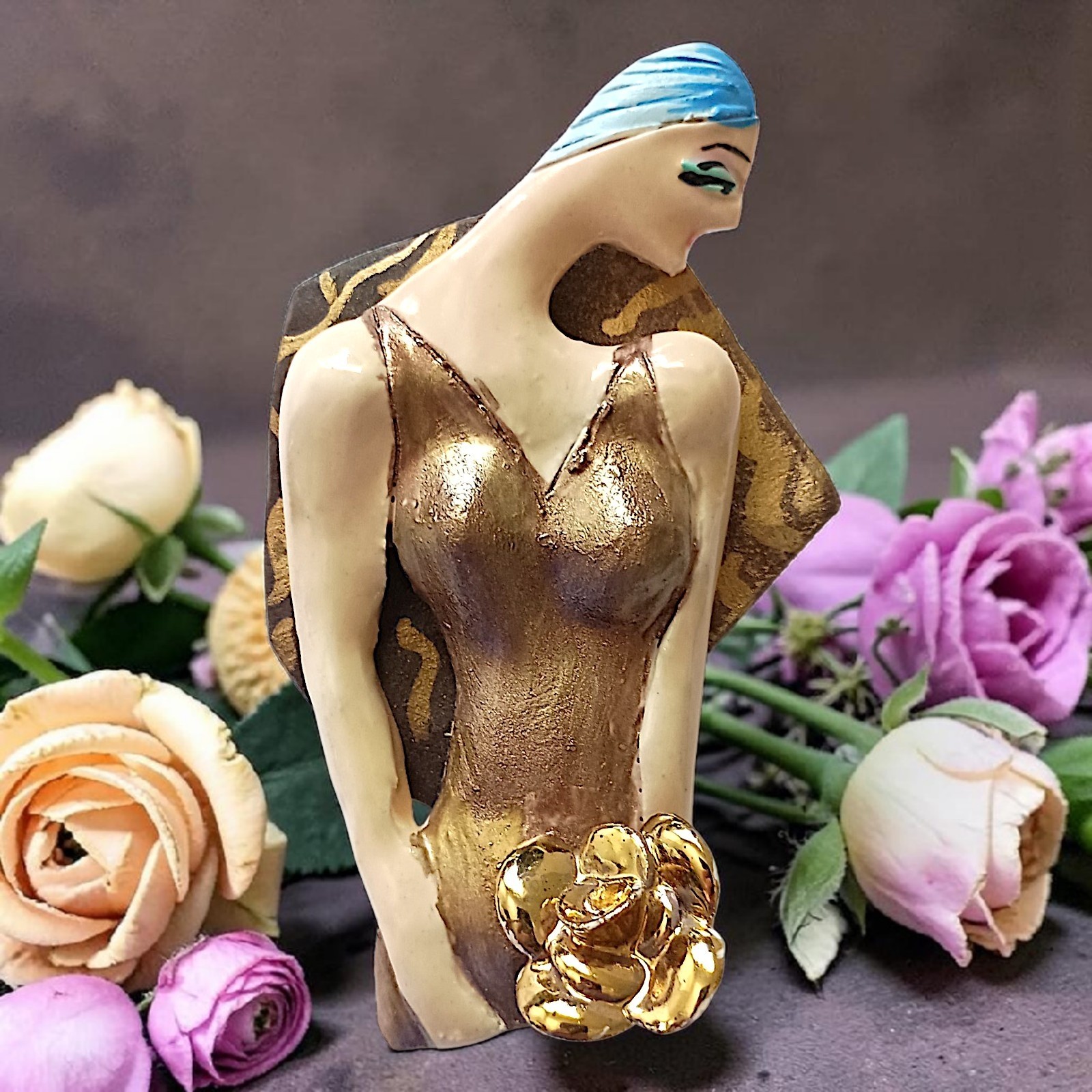 Vtg Art Deco Lady Brooch Pin Avant Garde Artisan Signed Painted Art Nouveau