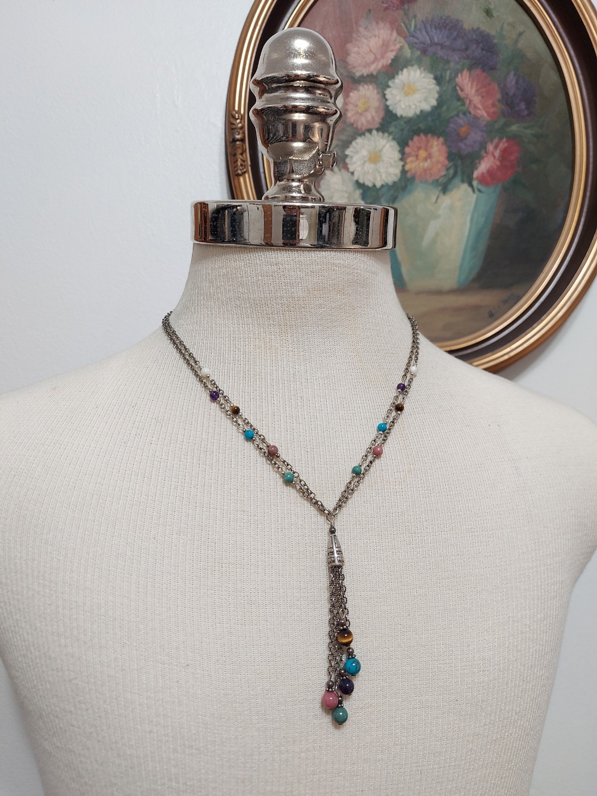 Vintage Q.T. Italy 925 Silver Multi Gemstone Tassel Necklace 47cm 16g