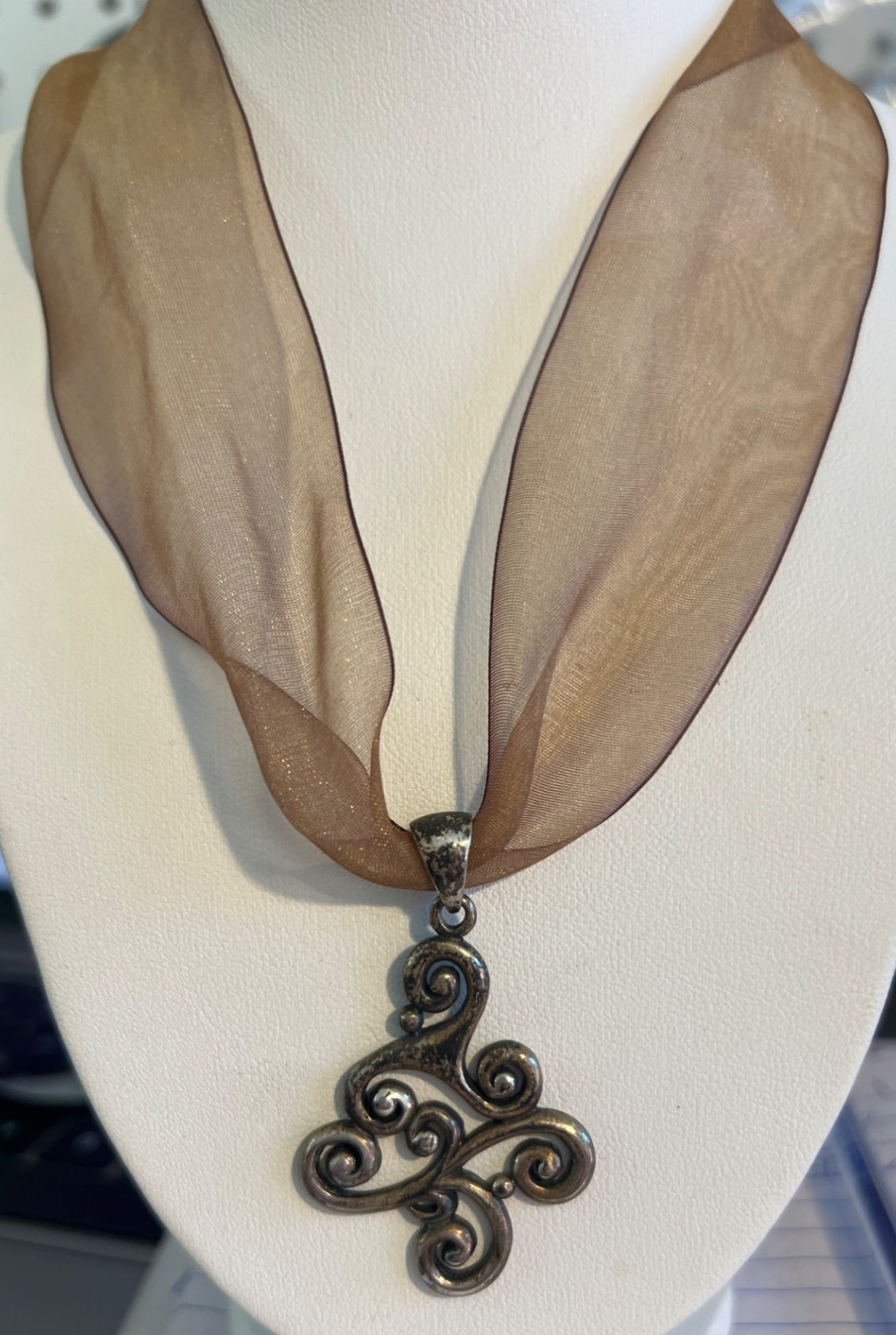 Vintage Sterling Silver Swirl Pendant Necklace Sheer Ribbon Scrollwork Estate