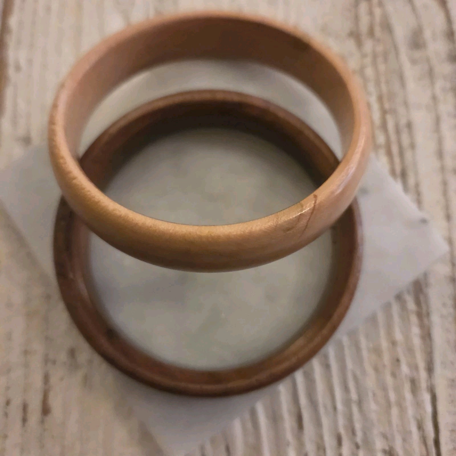 Two Vintage 1/2 Inch Tall Handcrafted Wooden Bracelets 2 1/2 Inches Wide, Signed