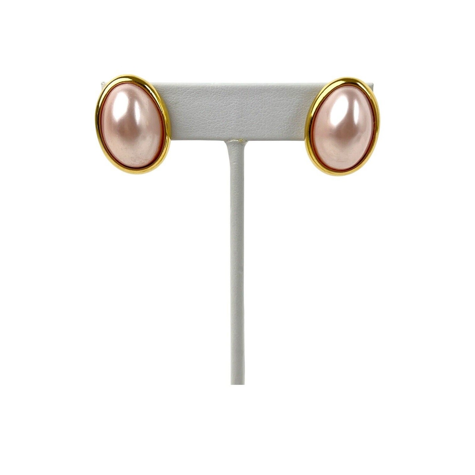 Vintage Trifari Earrings Pink Lucite Cabochon Pierced Stud Oval Gold Tone Pastel